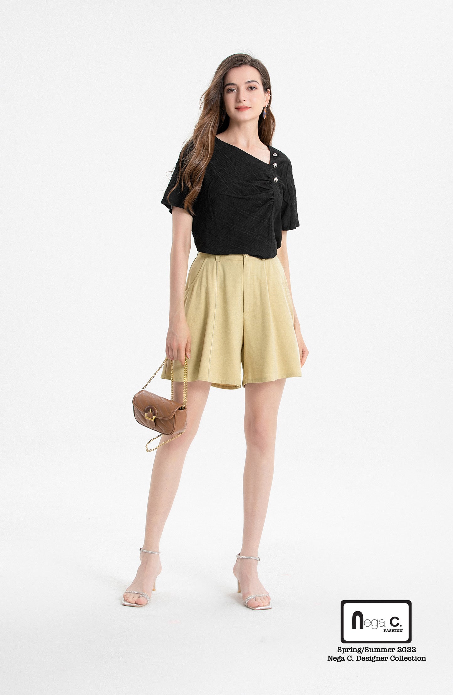 Nega C. เสื้อ Ruched คอไม่สมส่วน|สีดำ|มีซับในครึ่งตัว
