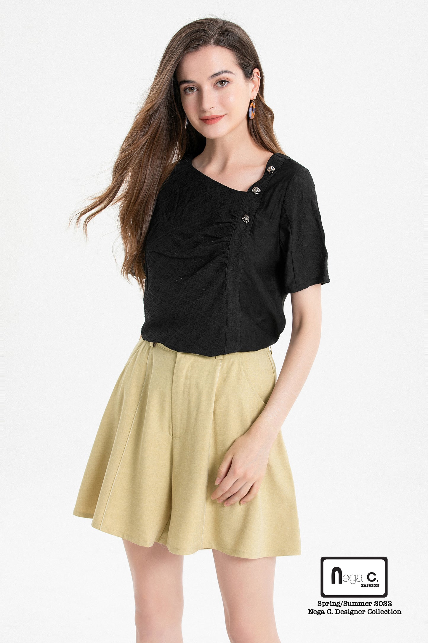 Nega C. เสื้อ Ruched คอไม่สมส่วน|สีดำ|มีซับในครึ่งตัว