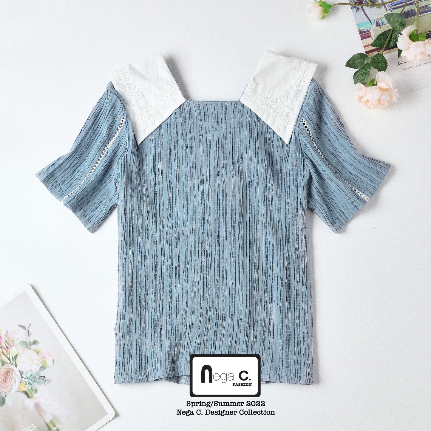 Nega C. Colorblock เสื้อคอกลมกระดุมสองแถว | สีน้ำเงิน | ไม่มีซับใน
