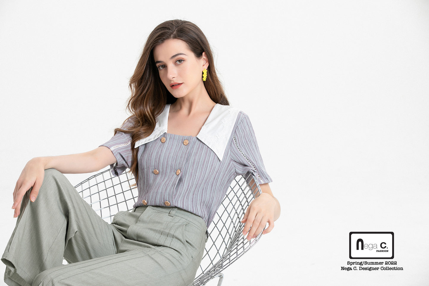 Nega C. Colorblock เสื้อคอกลมกระดุมสองแถว | สีม่วง | ไม่มีซับใน