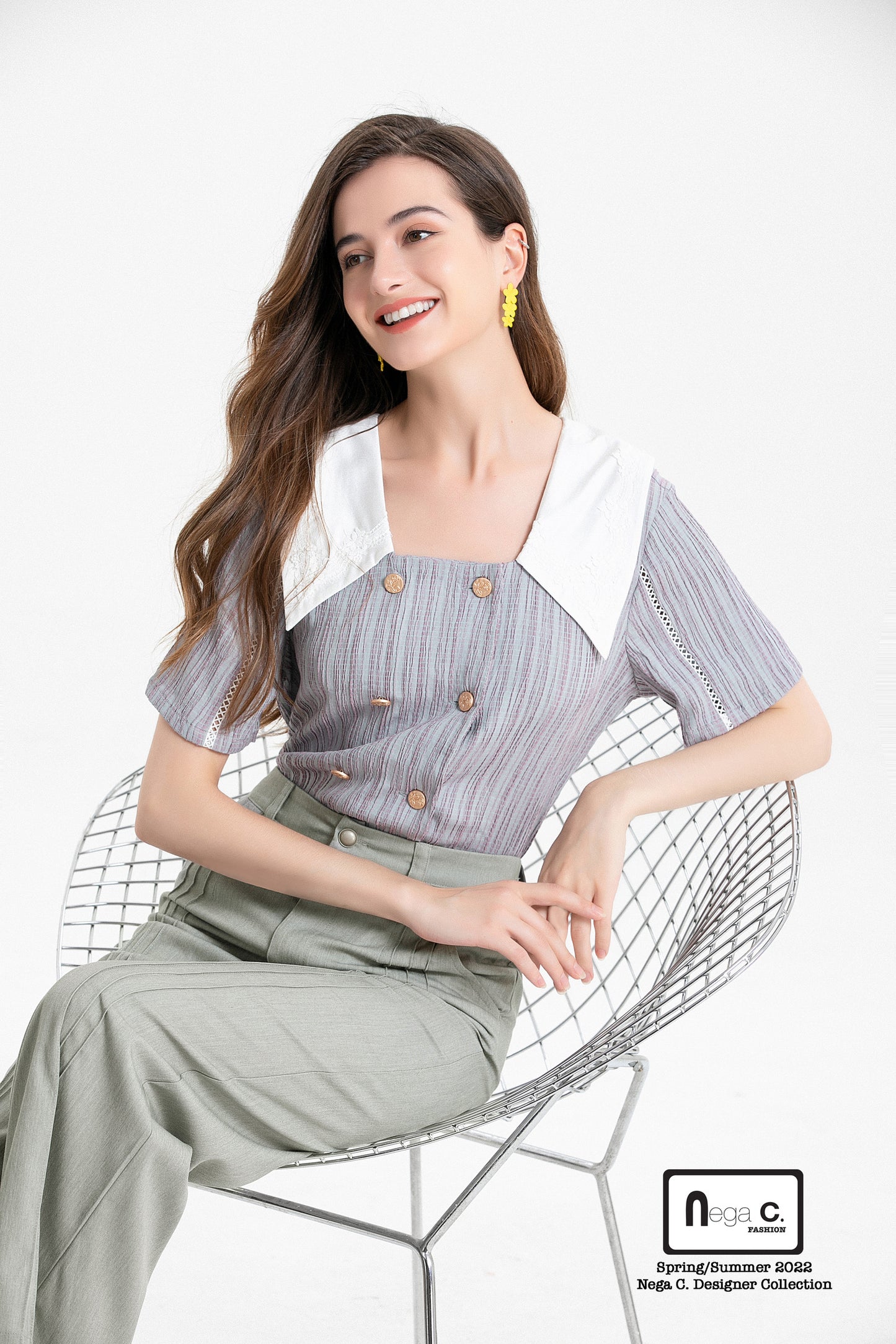 Nega C. Colorblock เสื้อคอกลมกระดุมสองแถว | สีม่วง | ไม่มีซับใน