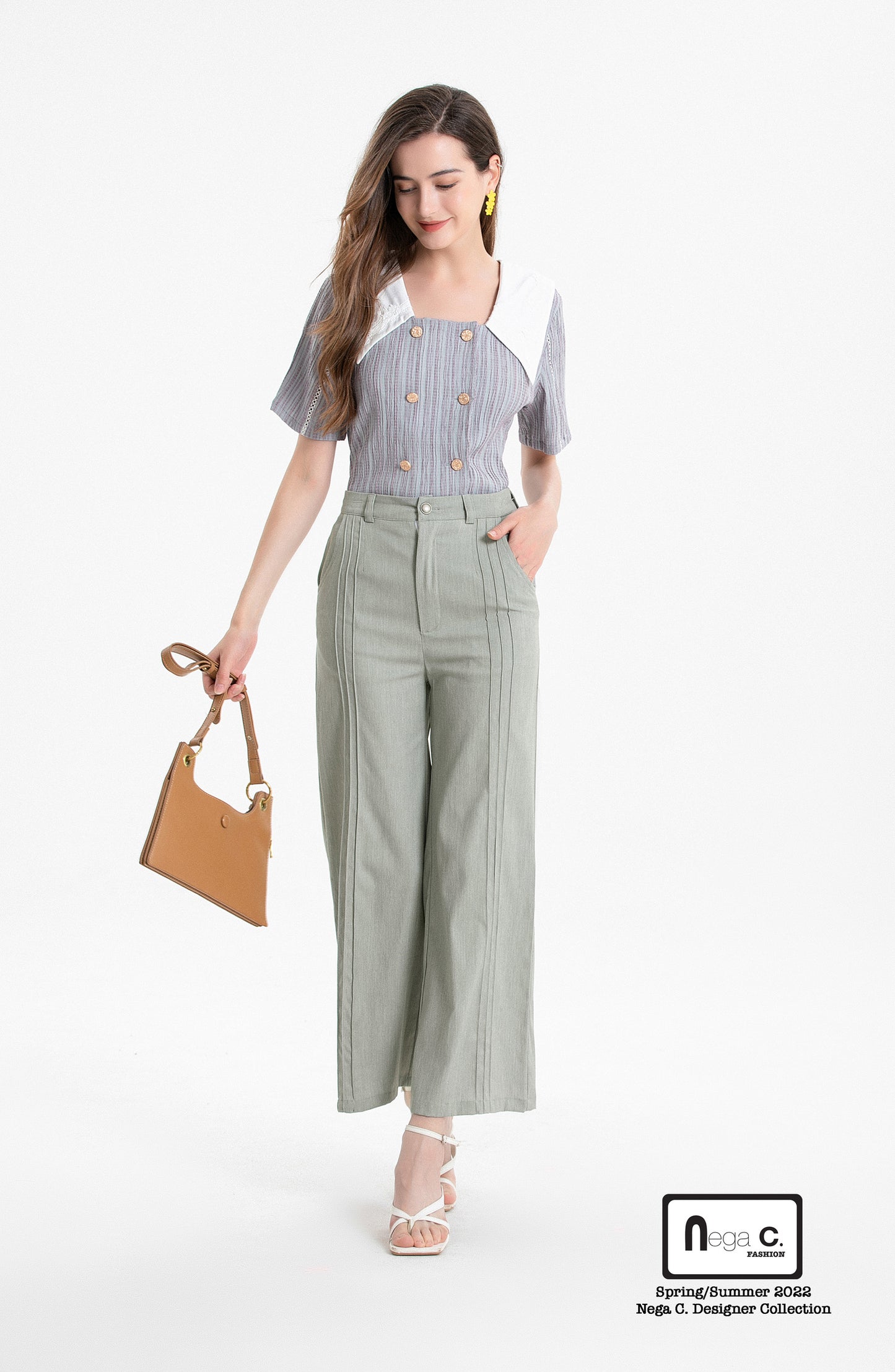 Nega C. Colorblock เสื้อคอกลมกระดุมสองแถว | สีม่วง | ไม่มีซับใน