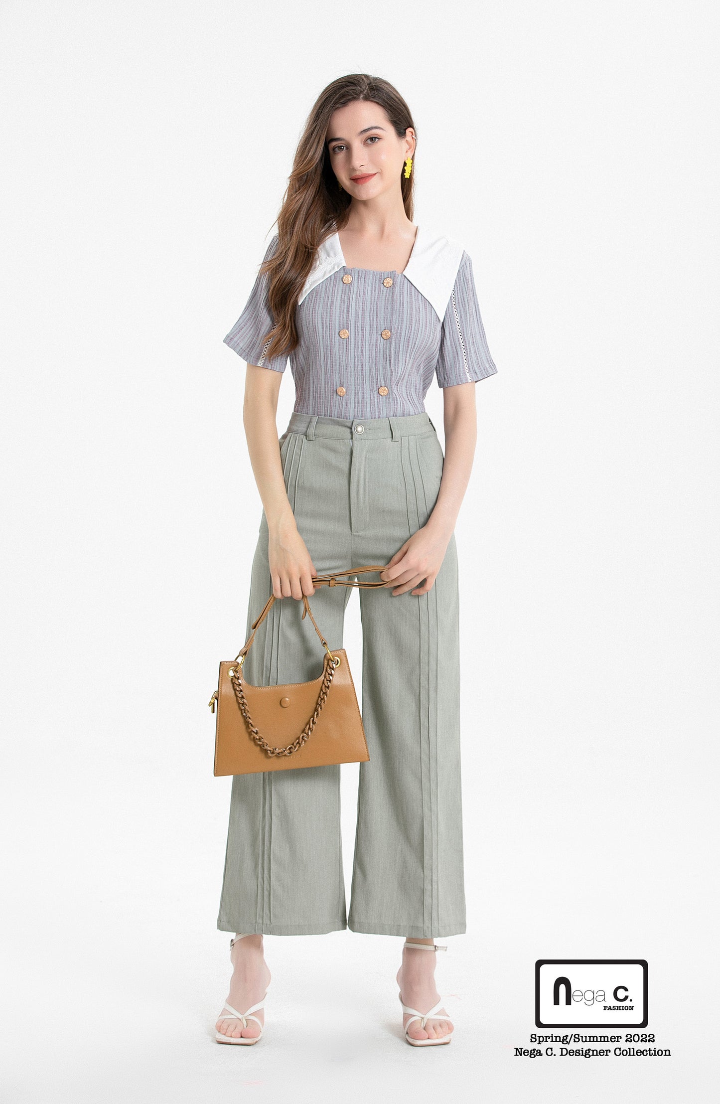 Nega C. Colorblock เสื้อคอกลมกระดุมสองแถว | สีม่วง | ไม่มีซับใน