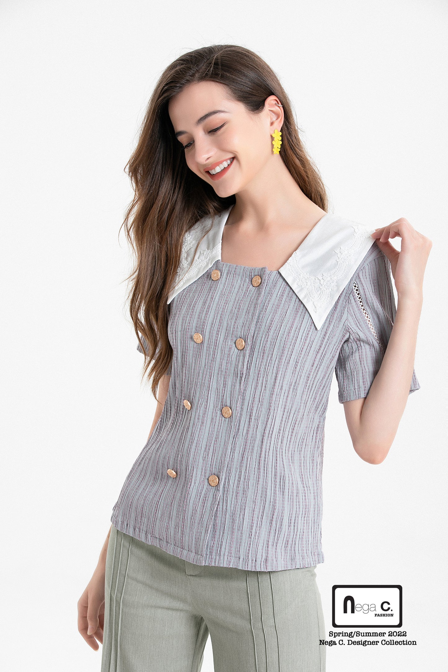 Nega C. Colorblock เสื้อคอกลมกระดุมสองแถว | สีม่วง | ไม่มีซับใน