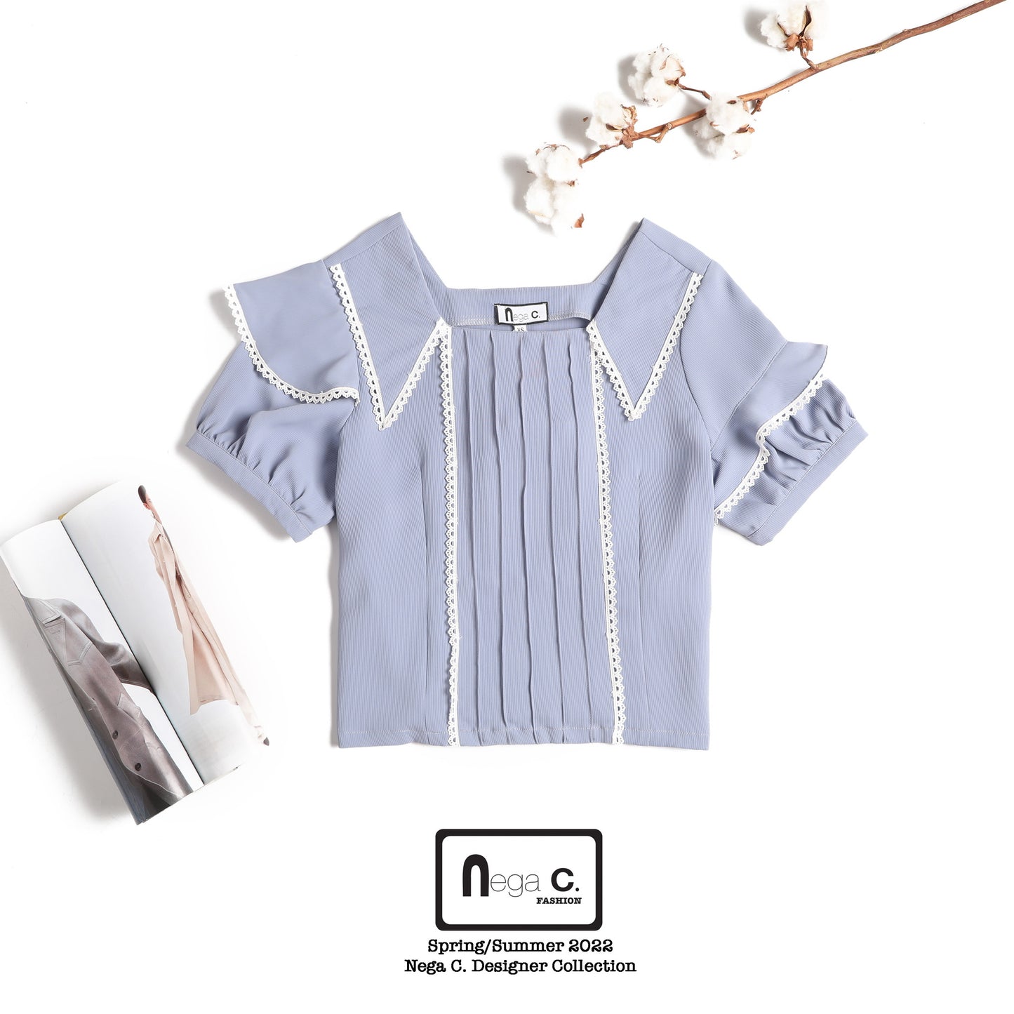 Nega C. 短版修腰方領蕾絲上衣|天藍色|無彈|無裡襯