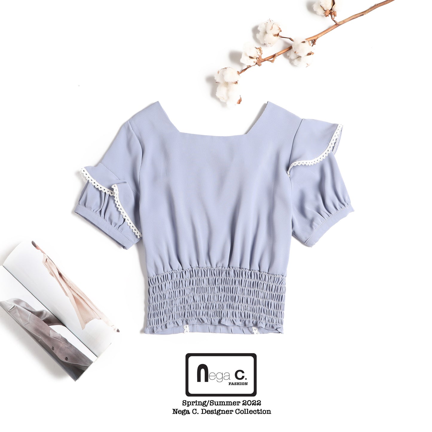 Nega C. 短版修腰方領蕾絲上衣|天藍色|無彈|無裡襯