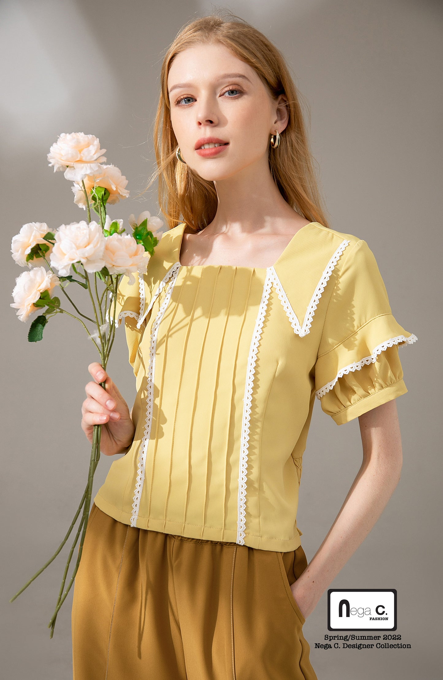 Nega C. เสื้อลูกไม้คอเหลี่ยมเอวสั้น|เหลือง|ไม่ยางยืด|ไม่มีซับใน