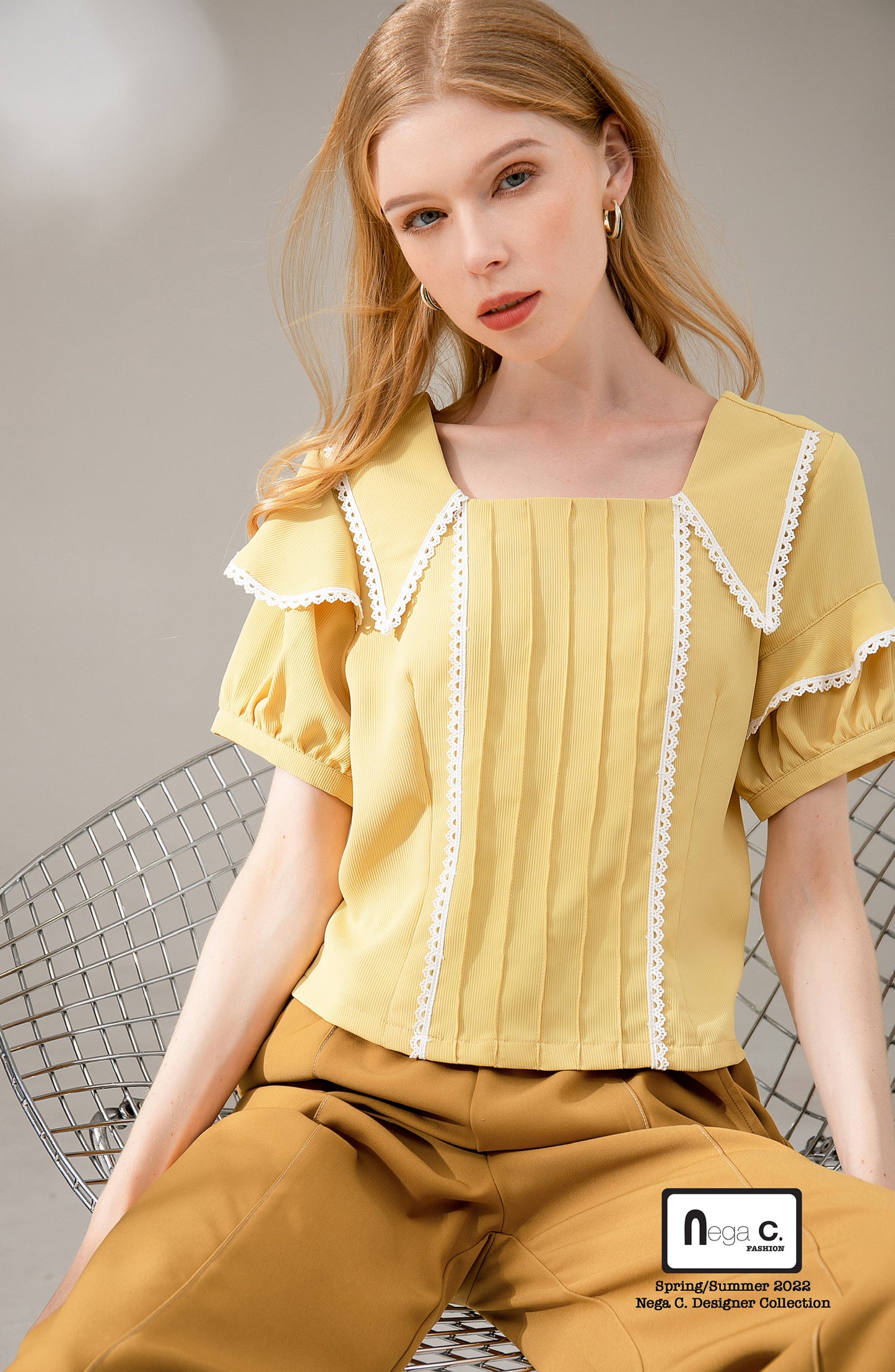 Nega C. เสื้อลูกไม้คอเหลี่ยมเอวสั้น|เหลือง|ไม่ยางยืด|ไม่มีซับใน
