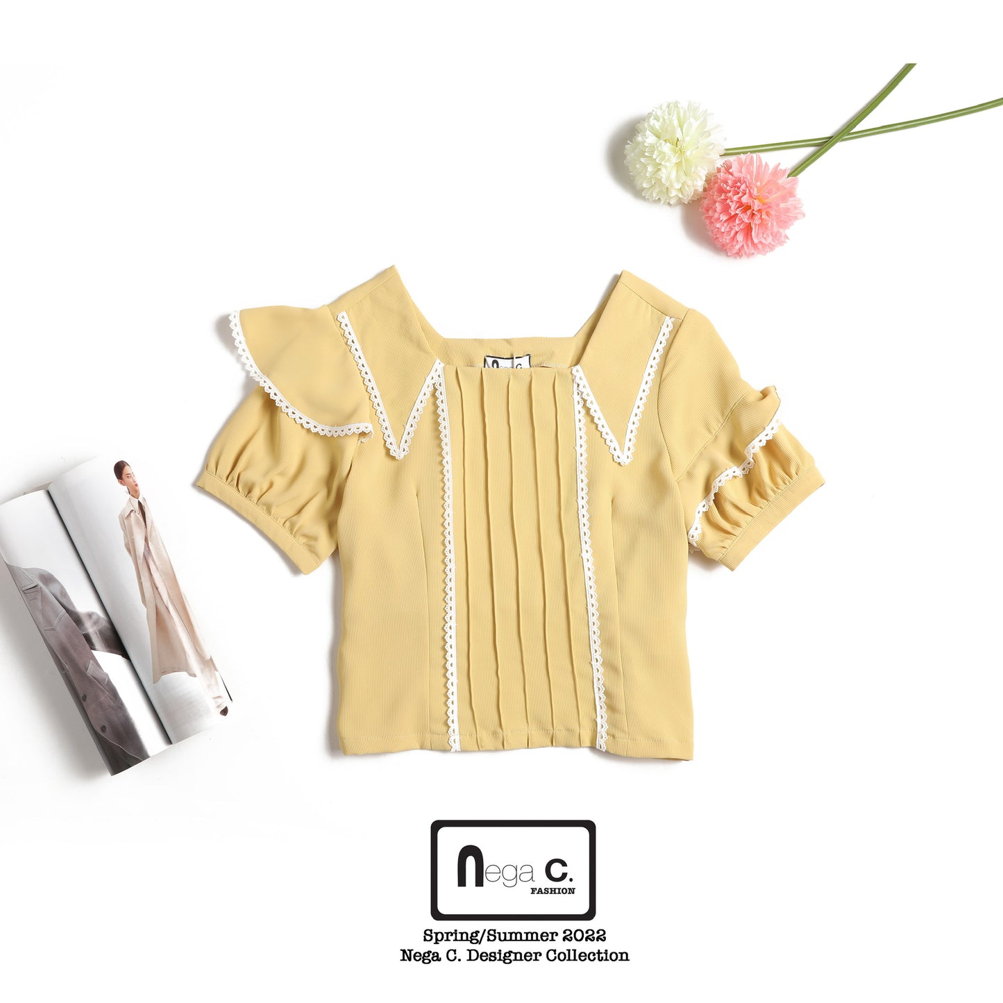 Nega C. เสื้อลูกไม้คอเหลี่ยมเอวสั้น|เหลือง|ไม่ยางยืด|ไม่มีซับใน