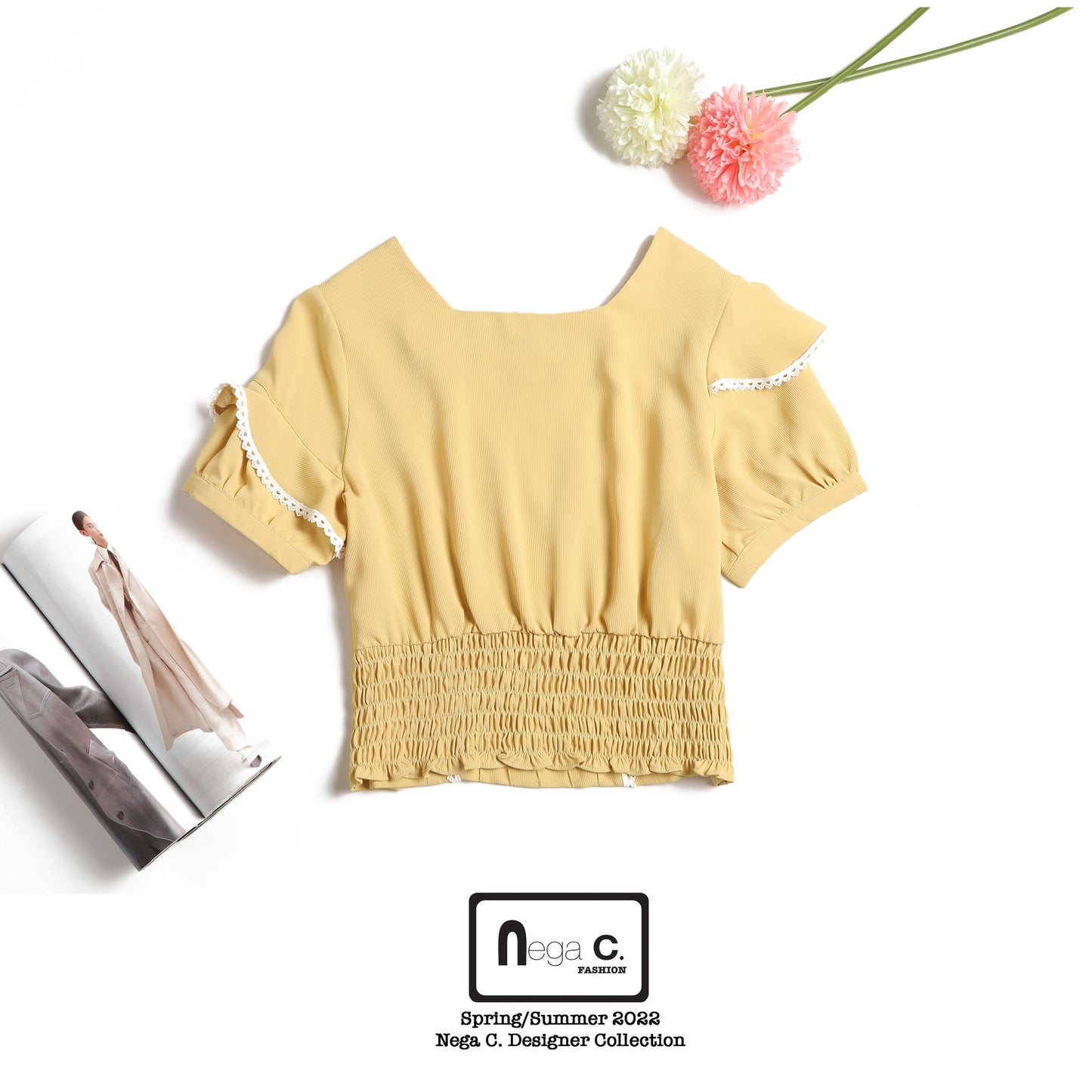 Nega C. เสื้อลูกไม้คอเหลี่ยมเอวสั้น|เหลือง|ไม่ยางยืด|ไม่มีซับใน