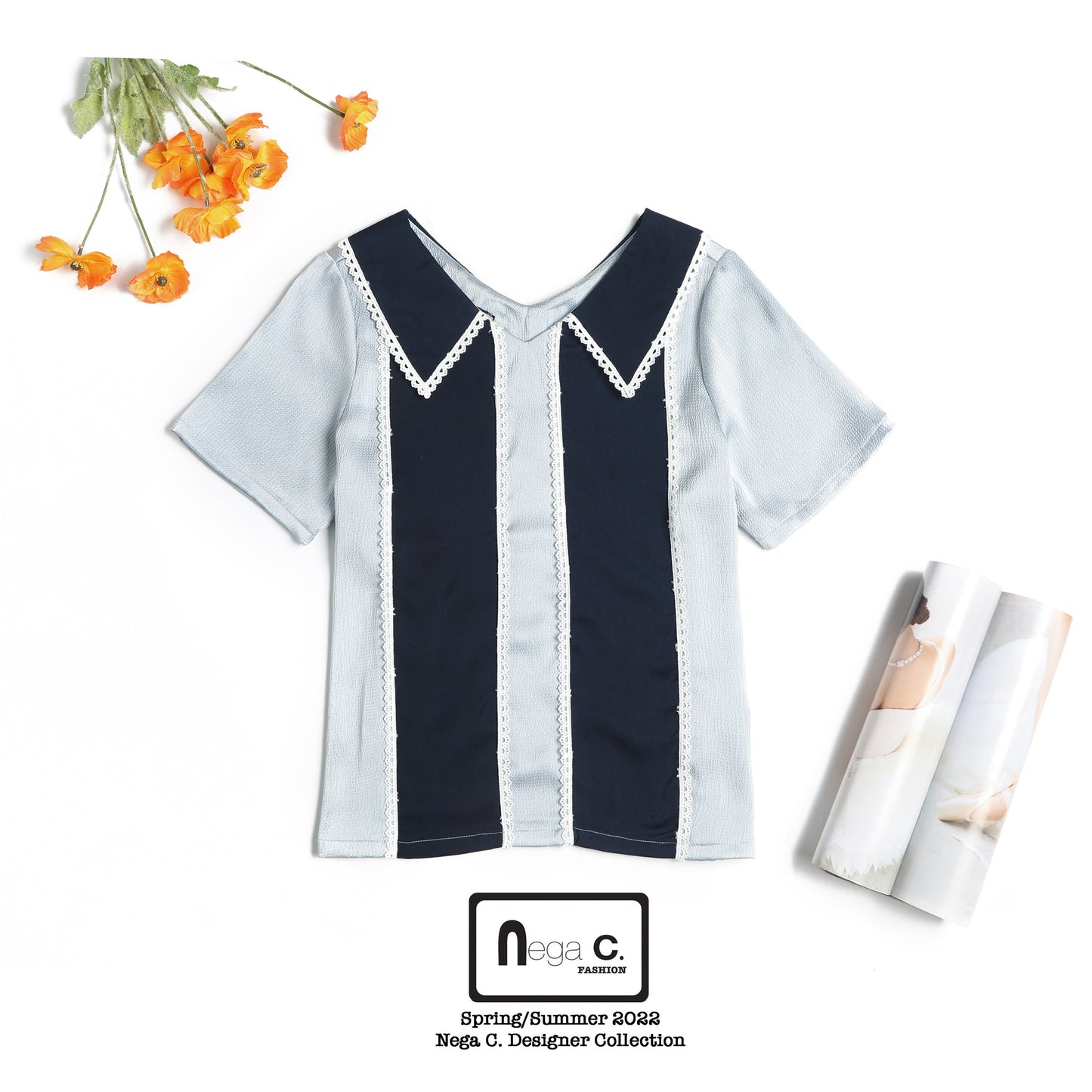 Nega C. Color block เสื้อลูกไม้คอวี | ฟ้า | ไม่ยืด | ไม่มีซับใน