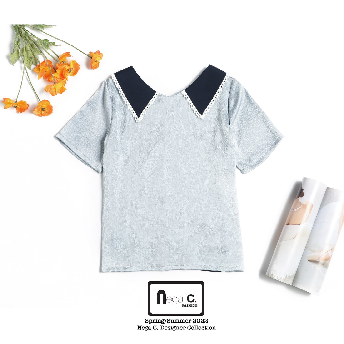 Nega C. Color block เสื้อลูกไม้คอวี | ฟ้า | ไม่ยืด | ไม่มีซับใน