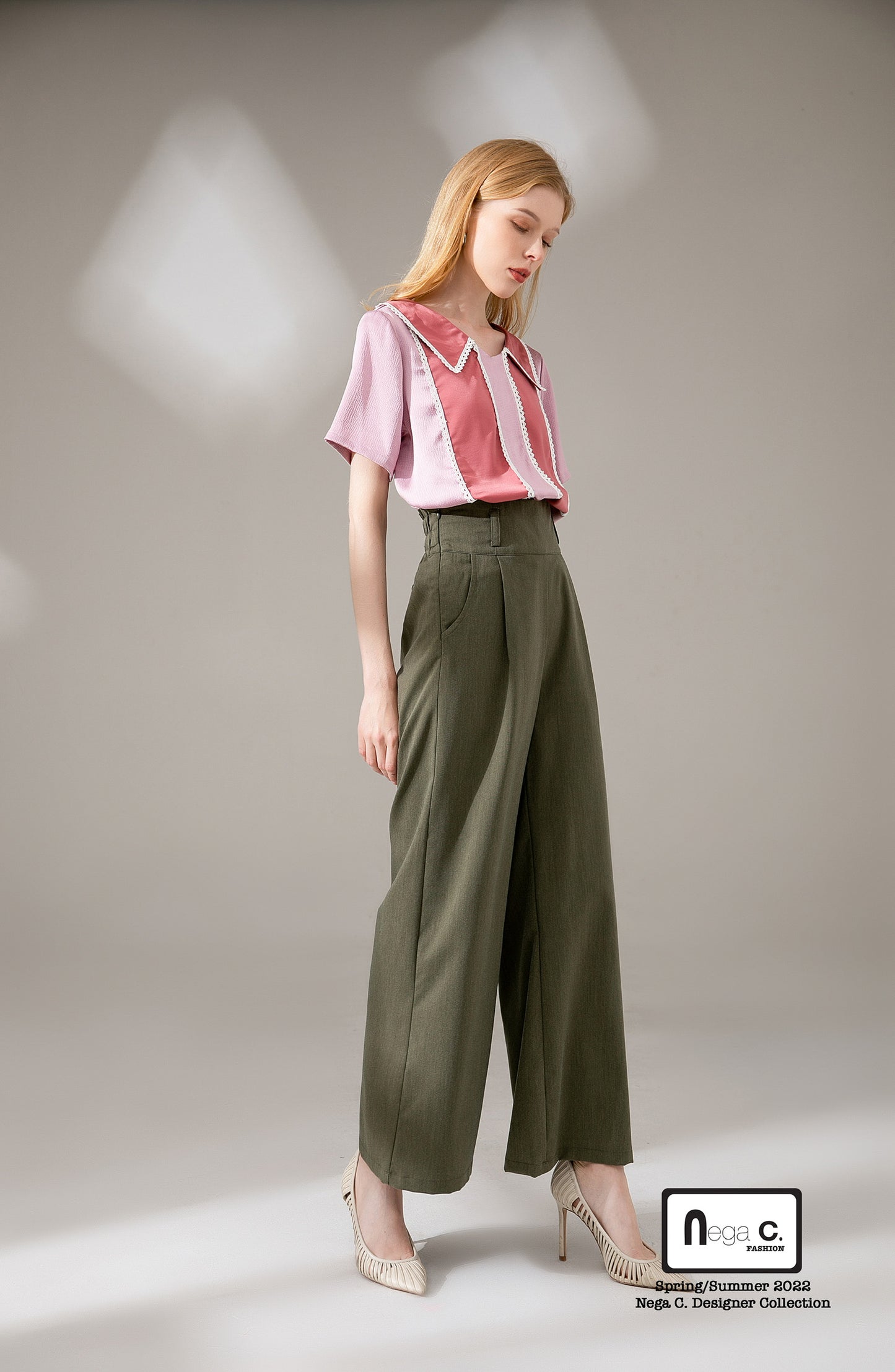 Nega C. Color block เสื้อลูกไม้คอวี | ชมพู | ผ้าไม่ยืด | ไม่มีซับใน