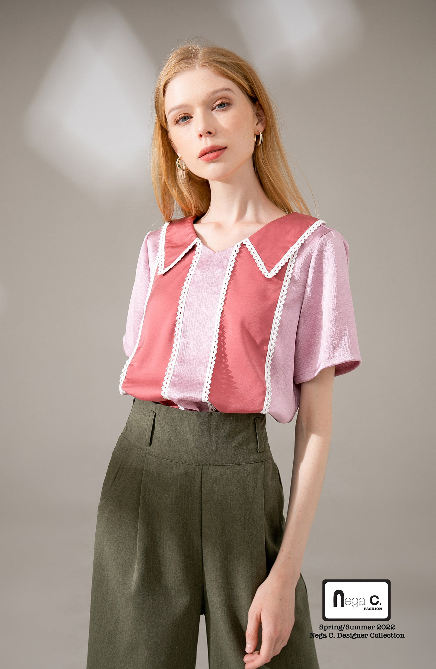 Nega C. Color block เสื้อลูกไม้คอวี | ชมพู | ผ้าไม่ยืด | ไม่มีซับใน