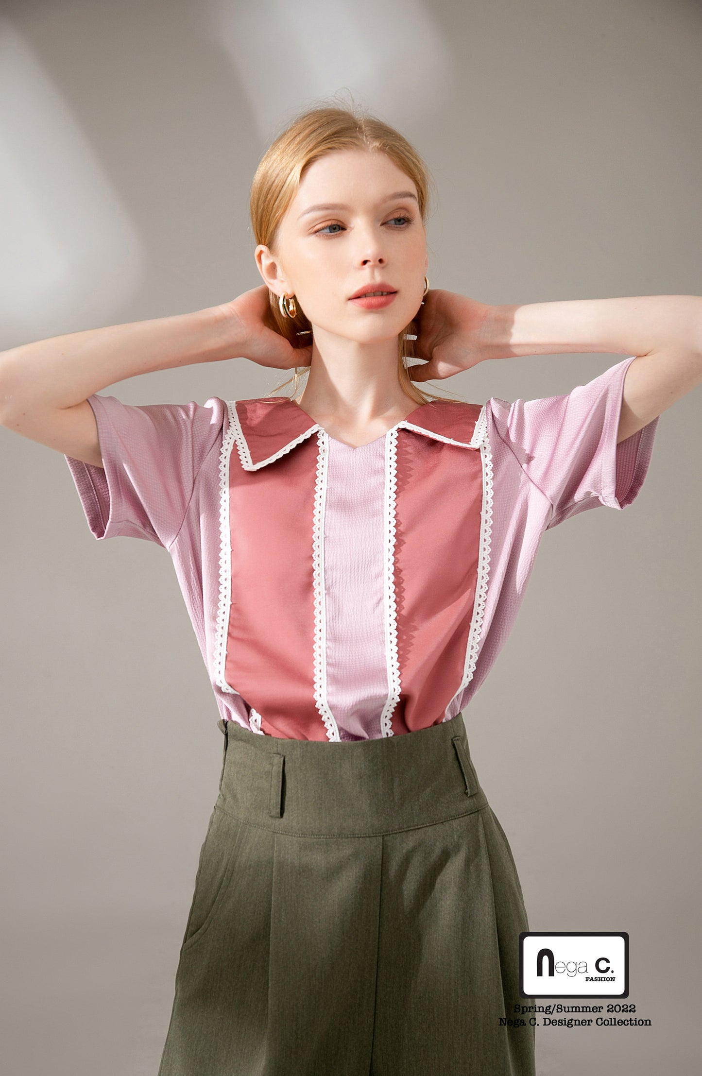 Nega C. Color block เสื้อลูกไม้คอวี | ชมพู | ผ้าไม่ยืด | ไม่มีซับใน