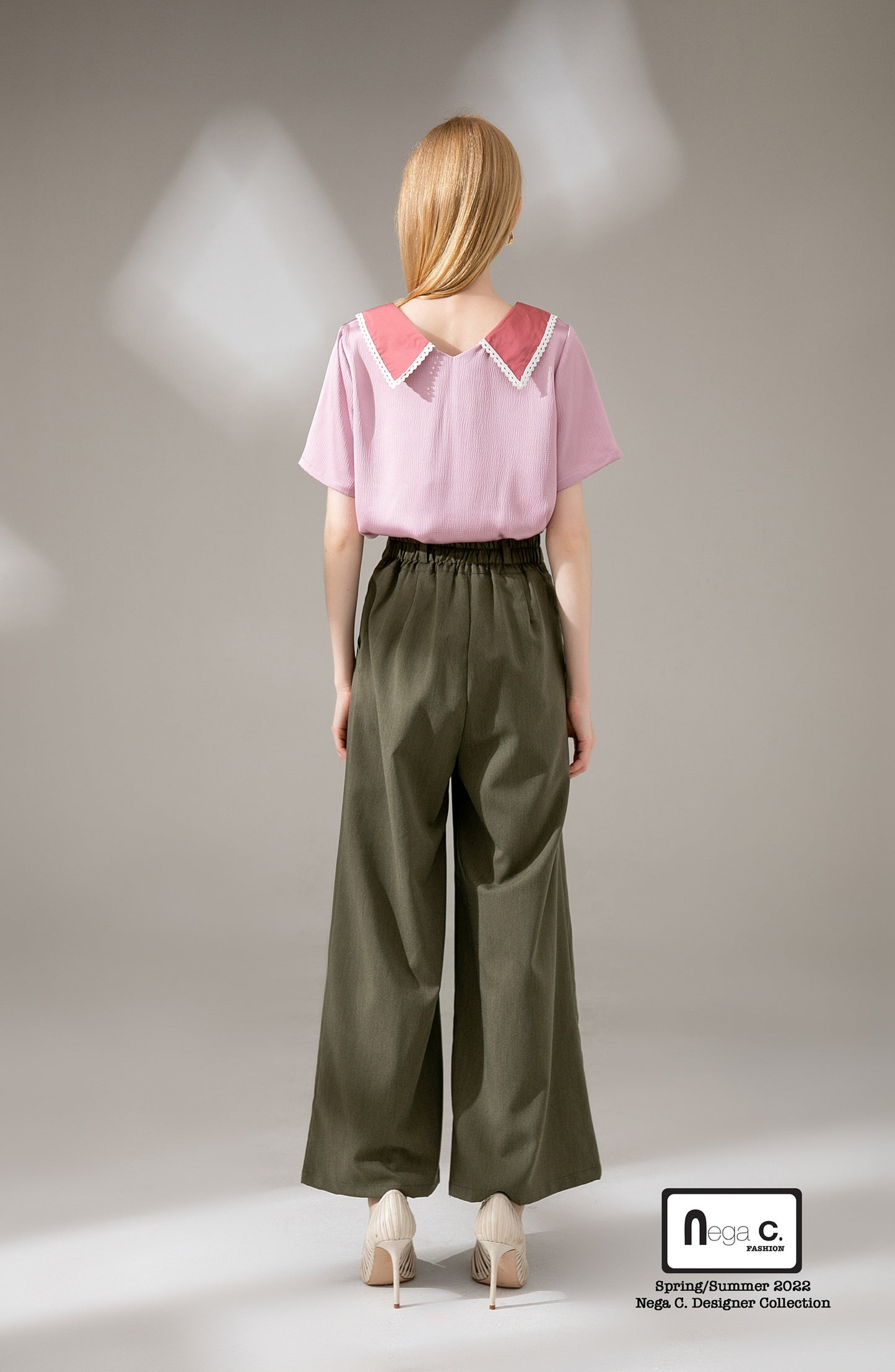 Nega C. Color block เสื้อลูกไม้คอวี | ชมพู | ผ้าไม่ยืด | ไม่มีซับใน