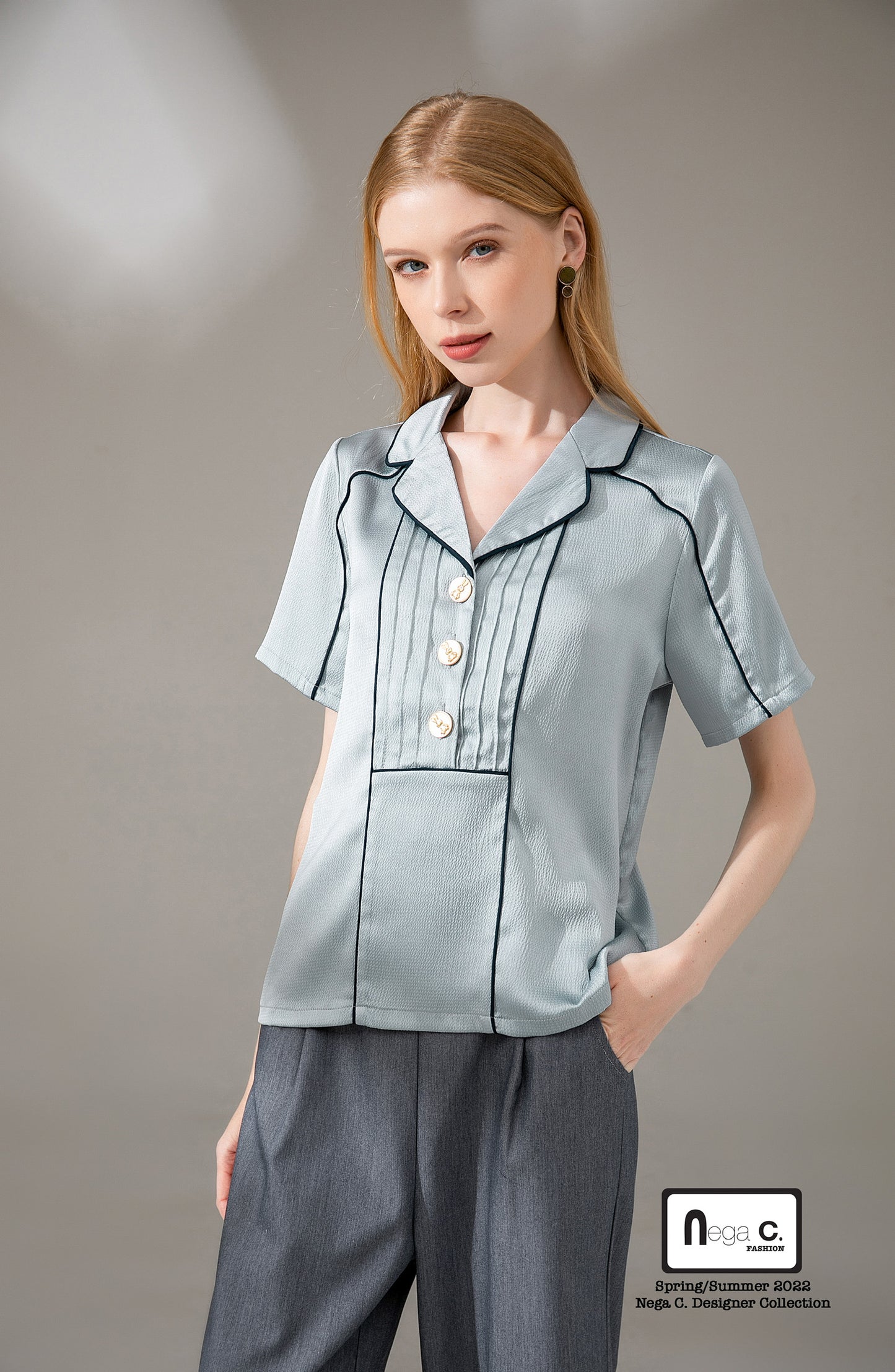 Nega C. Colorblock piping เสื้อเชิ้ตแขนสั้นคอวี | สีน้ำเงิน | ไม่มีซับใน | ไม่ยืดหยุ่น