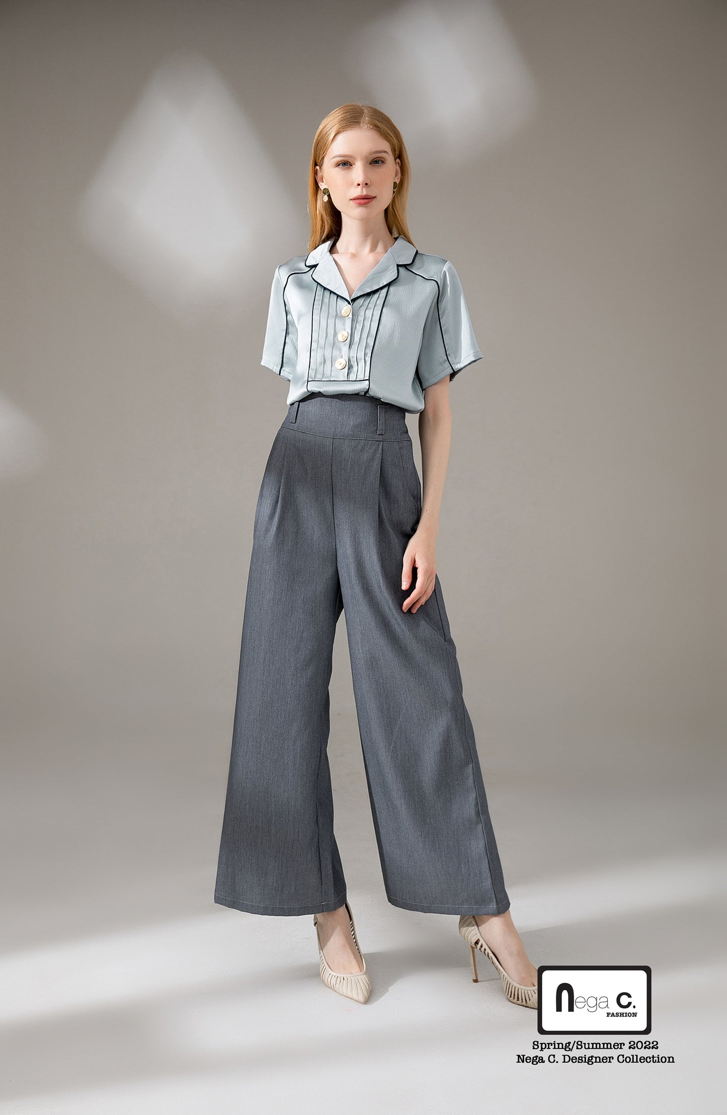 Nega C. Colorblock piping เสื้อเชิ้ตแขนสั้นคอวี | สีน้ำเงิน | ไม่มีซับใน | ไม่ยืดหยุ่น