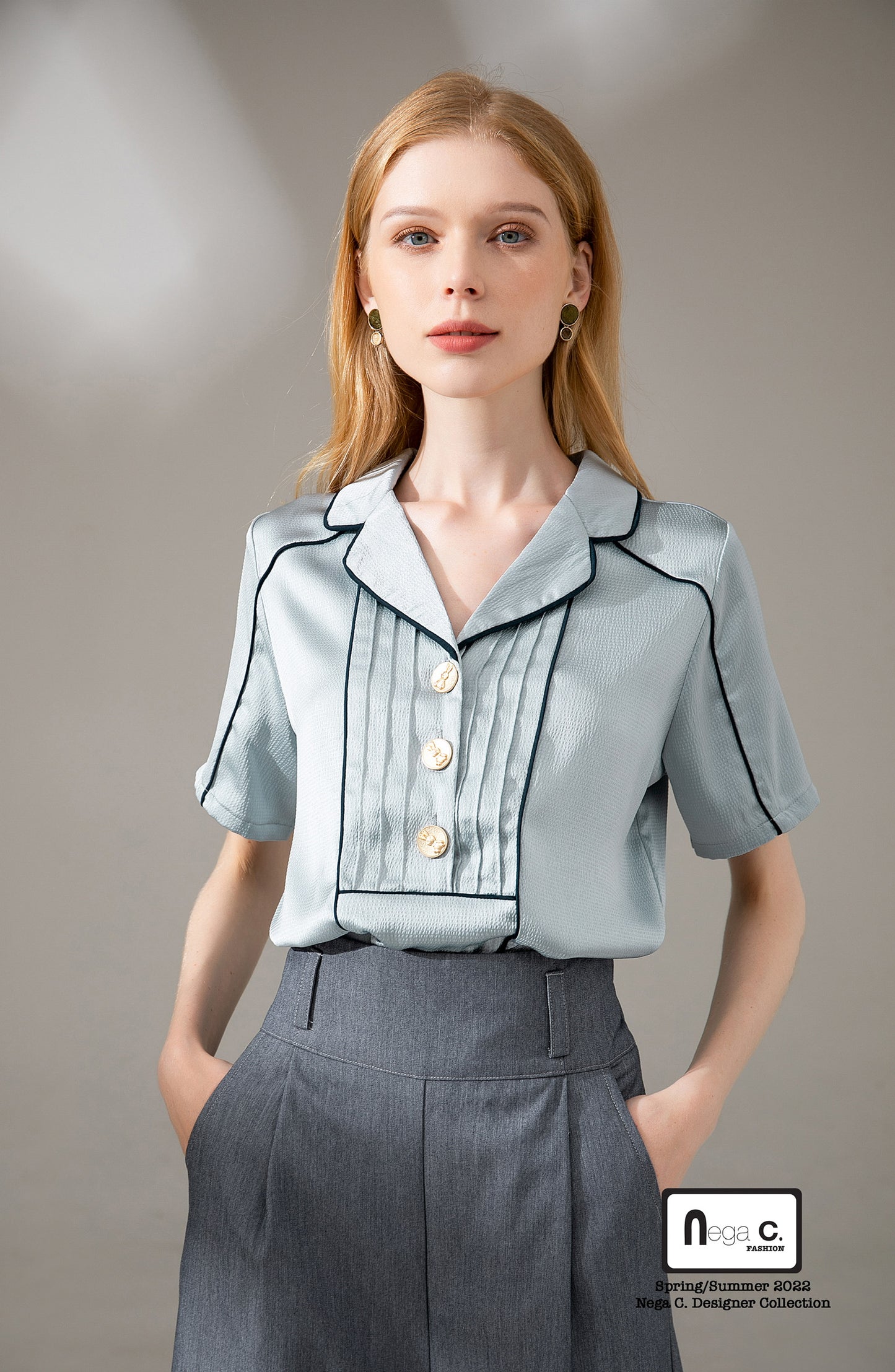 Nega C. Colorblock piping เสื้อเชิ้ตแขนสั้นคอวี | สีน้ำเงิน | ไม่มีซับใน | ไม่ยืดหยุ่น