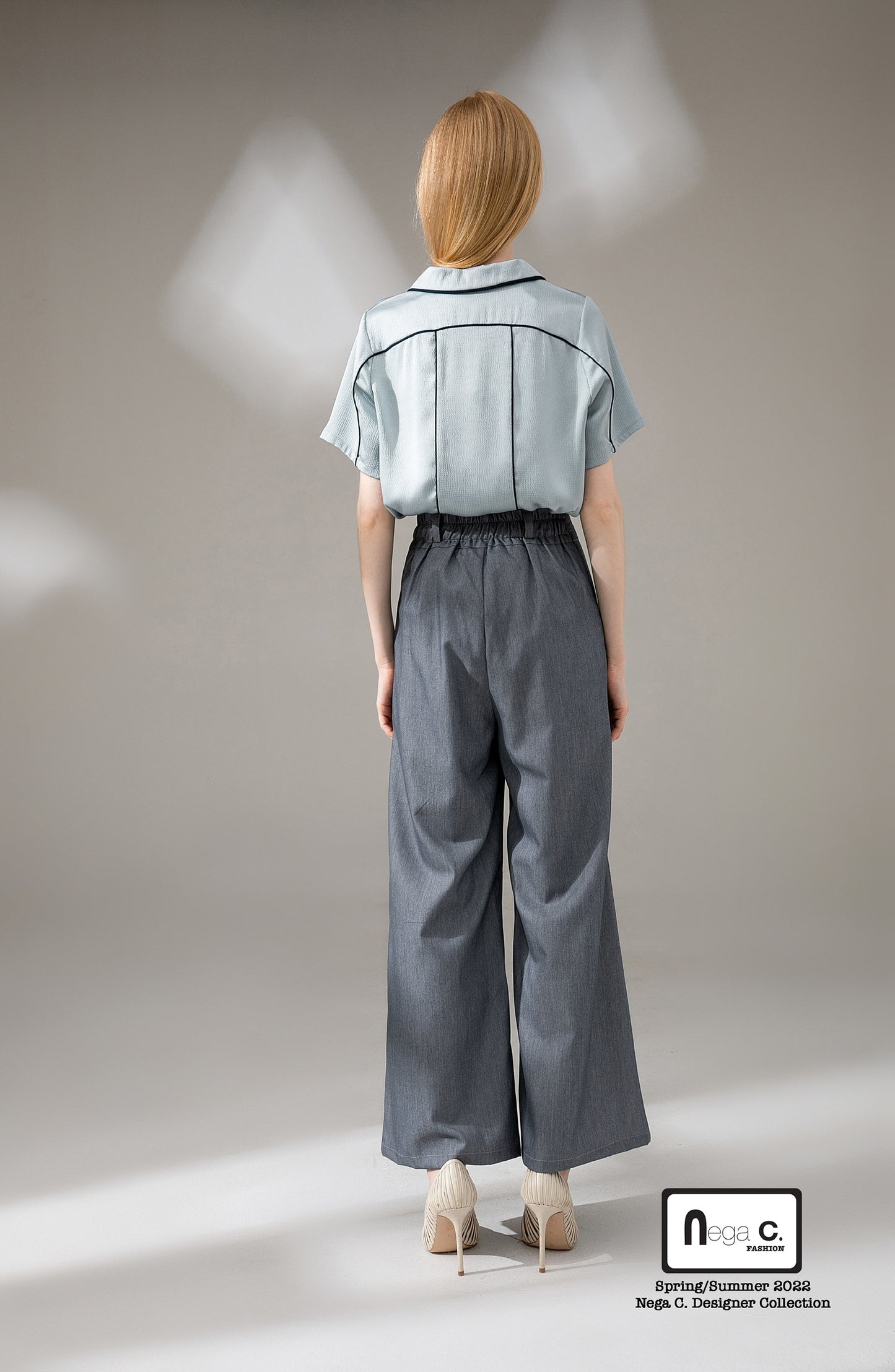 Nega C. Colorblock piping เสื้อเชิ้ตแขนสั้นคอวี | สีน้ำเงิน | ไม่มีซับใน | ไม่ยืดหยุ่น