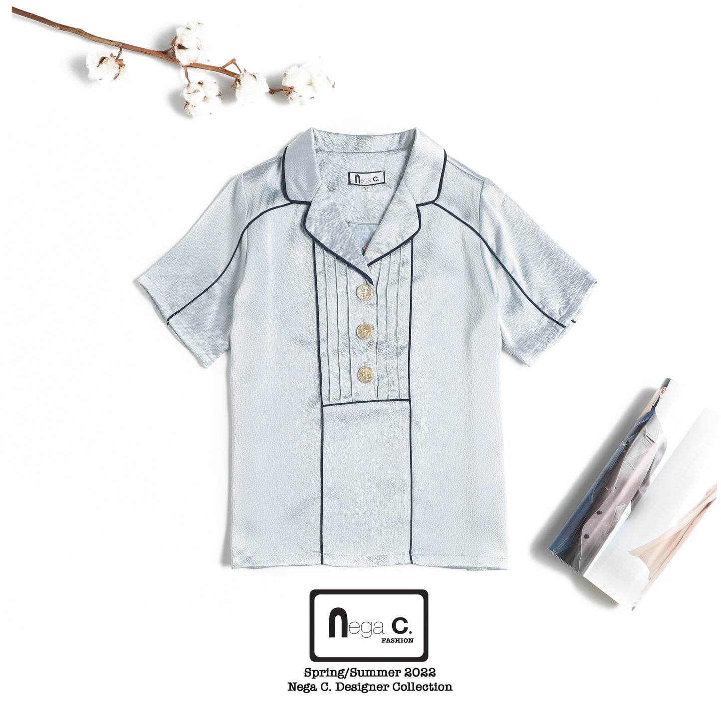 Nega C. Colorblock piping เสื้อเชิ้ตแขนสั้นคอวี | สีน้ำเงิน | ไม่มีซับใน | ไม่ยืดหยุ่น