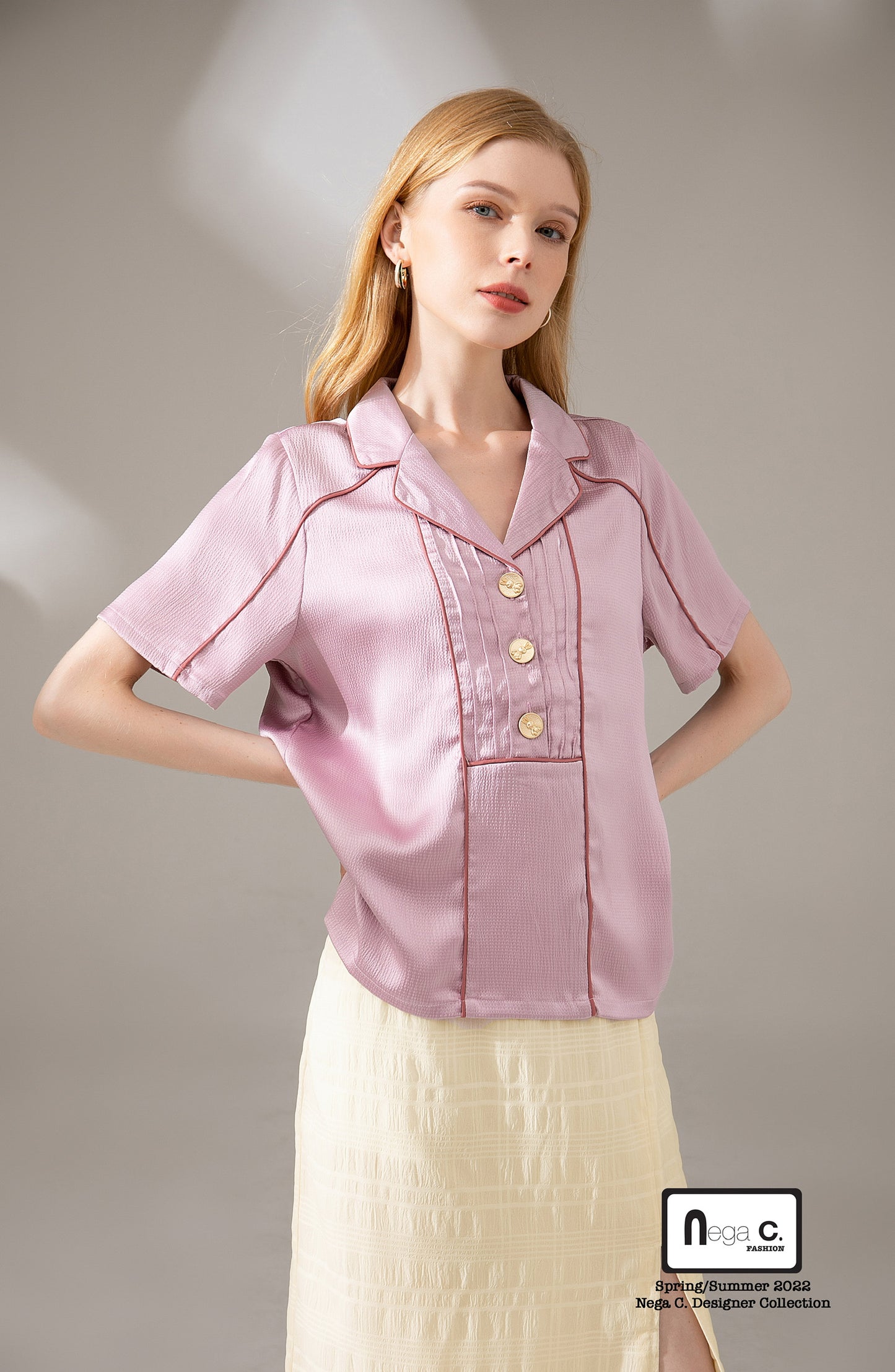 Nega C. Colorblock เสื้อเชิ้ตแขนสั้นคอวี | สีชมพู | ไม่มีซับใน | ไม่ยืดหยุ่น