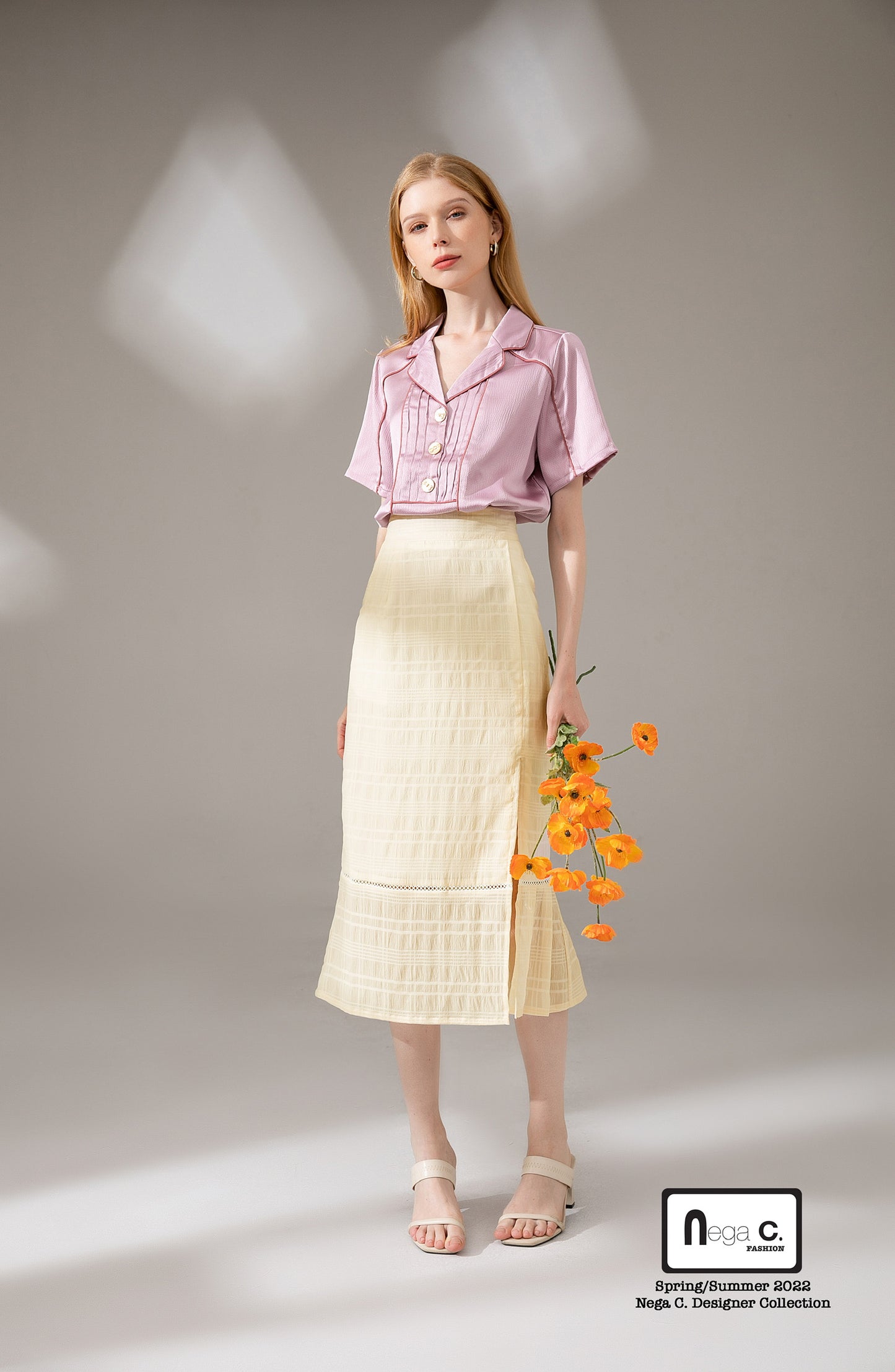 Nega C. Colorblock เสื้อเชิ้ตแขนสั้นคอวี | สีชมพู | ไม่มีซับใน | ไม่ยืดหยุ่น