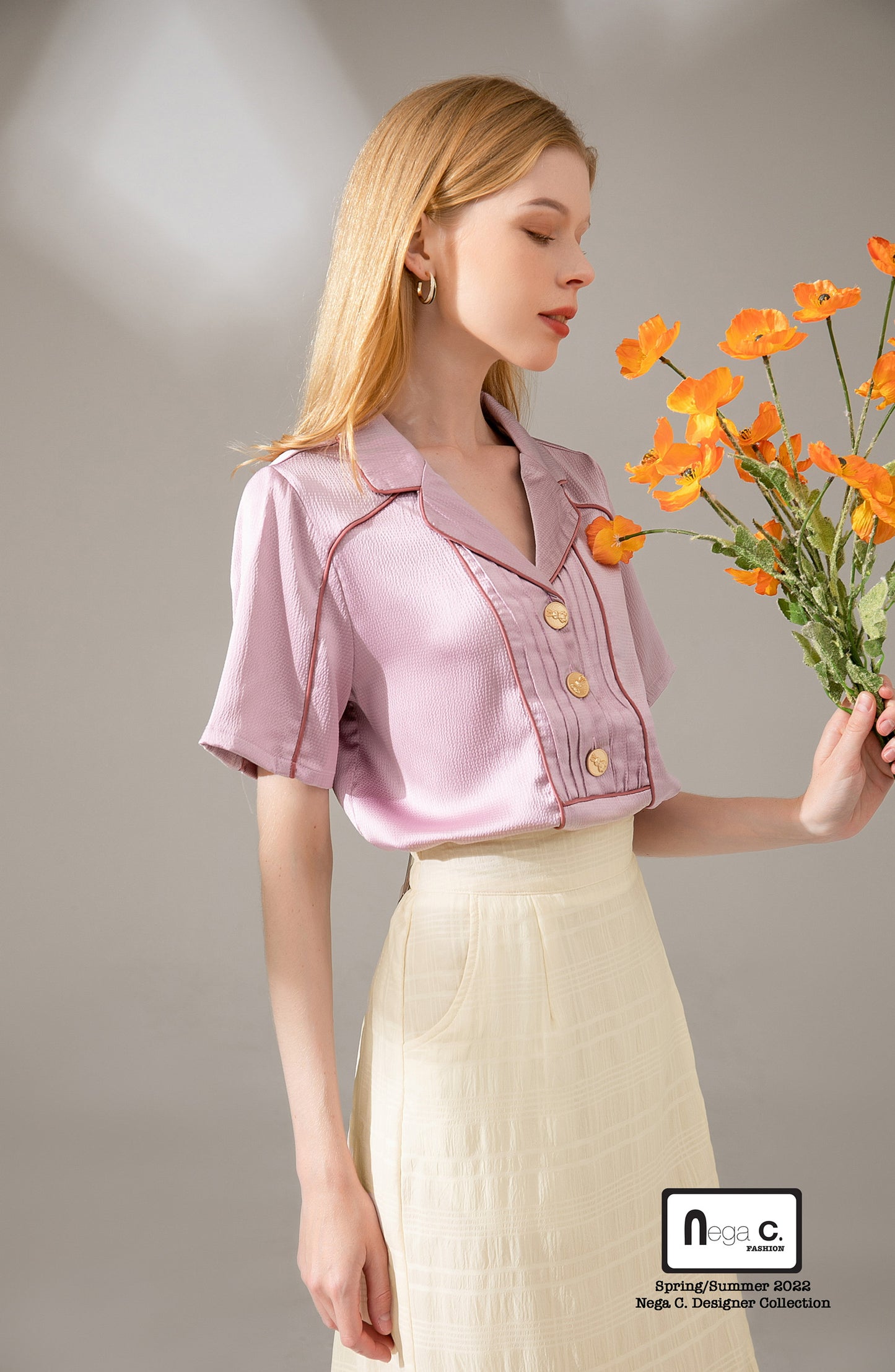 Nega C. Colorblock เสื้อเชิ้ตแขนสั้นคอวี | สีชมพู | ไม่มีซับใน | ไม่ยืดหยุ่น