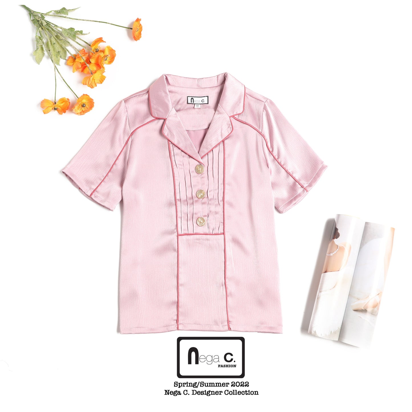 Nega C. Colorblock เสื้อเชิ้ตแขนสั้นคอวี | สีชมพู | ไม่มีซับใน | ไม่ยืดหยุ่น