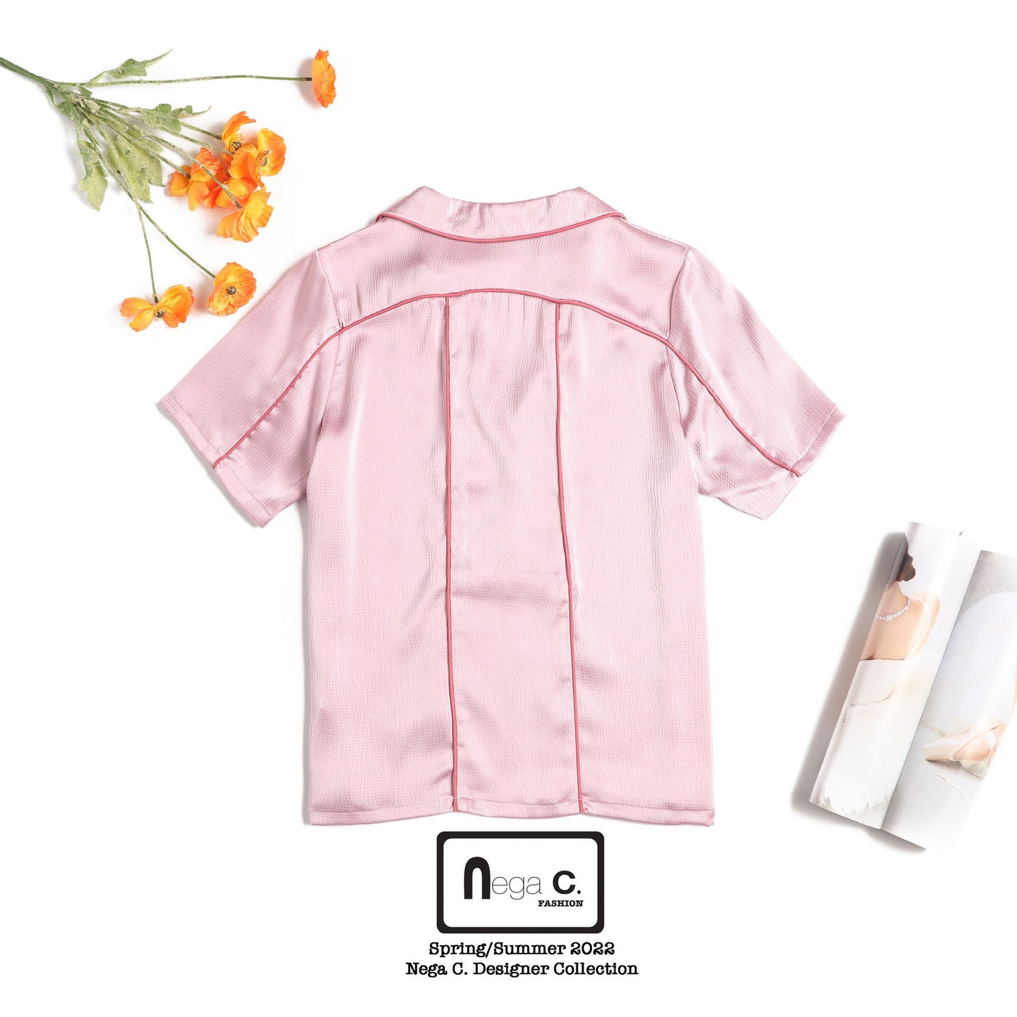 Nega C. Colorblock เสื้อเชิ้ตแขนสั้นคอวี | สีชมพู | ไม่มีซับใน | ไม่ยืดหยุ่น