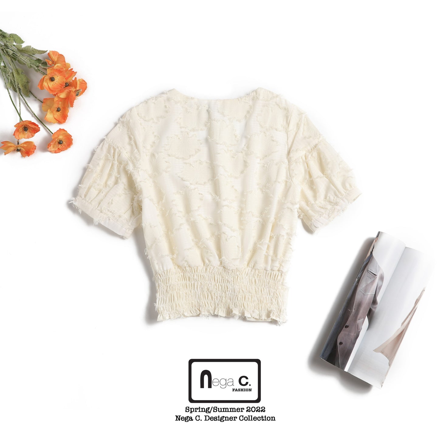 เสื้อแขนสั้นพัฟลายดอกไม้ | สีแอปริคอท | ซับครึ่งตัว | ไม่ยางยืด