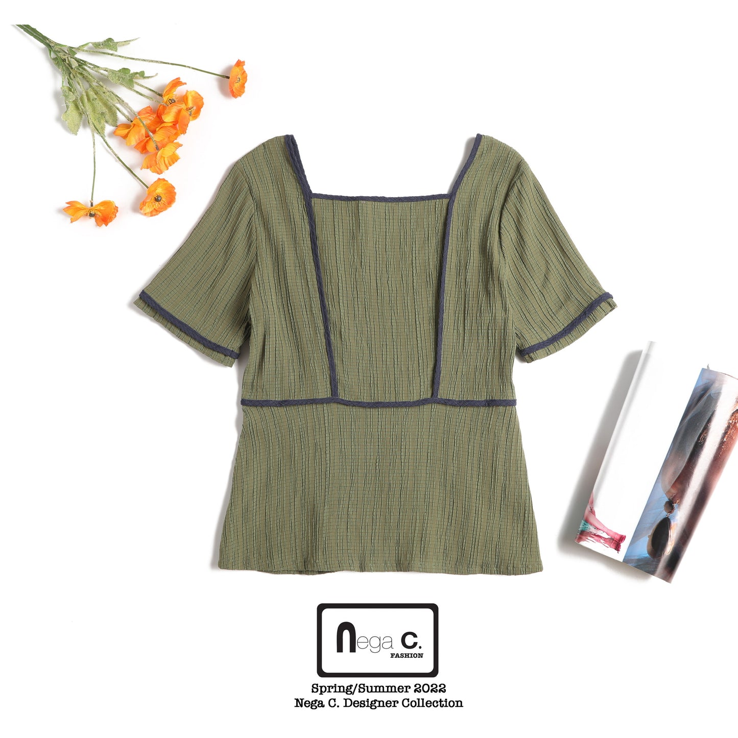 Nega C. เสื้อคอเหลี่ยมปาดไหล่พับสี | สีเขียว | ยืดเล็กน้อย | ไม่มีซับใน