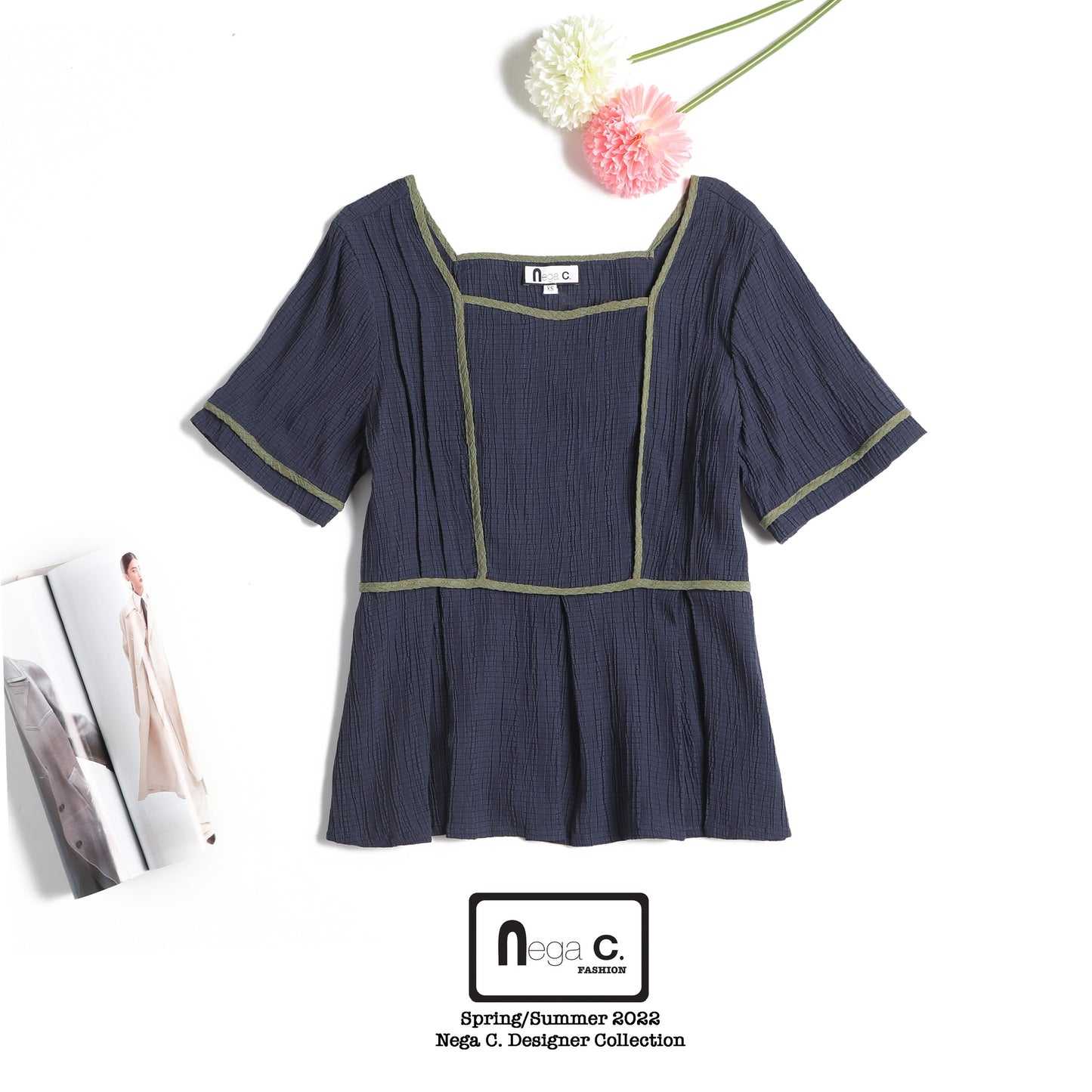 Nega C. 壓摺拼色滾邊方領上衣|深藍色|微彈|無裡襯