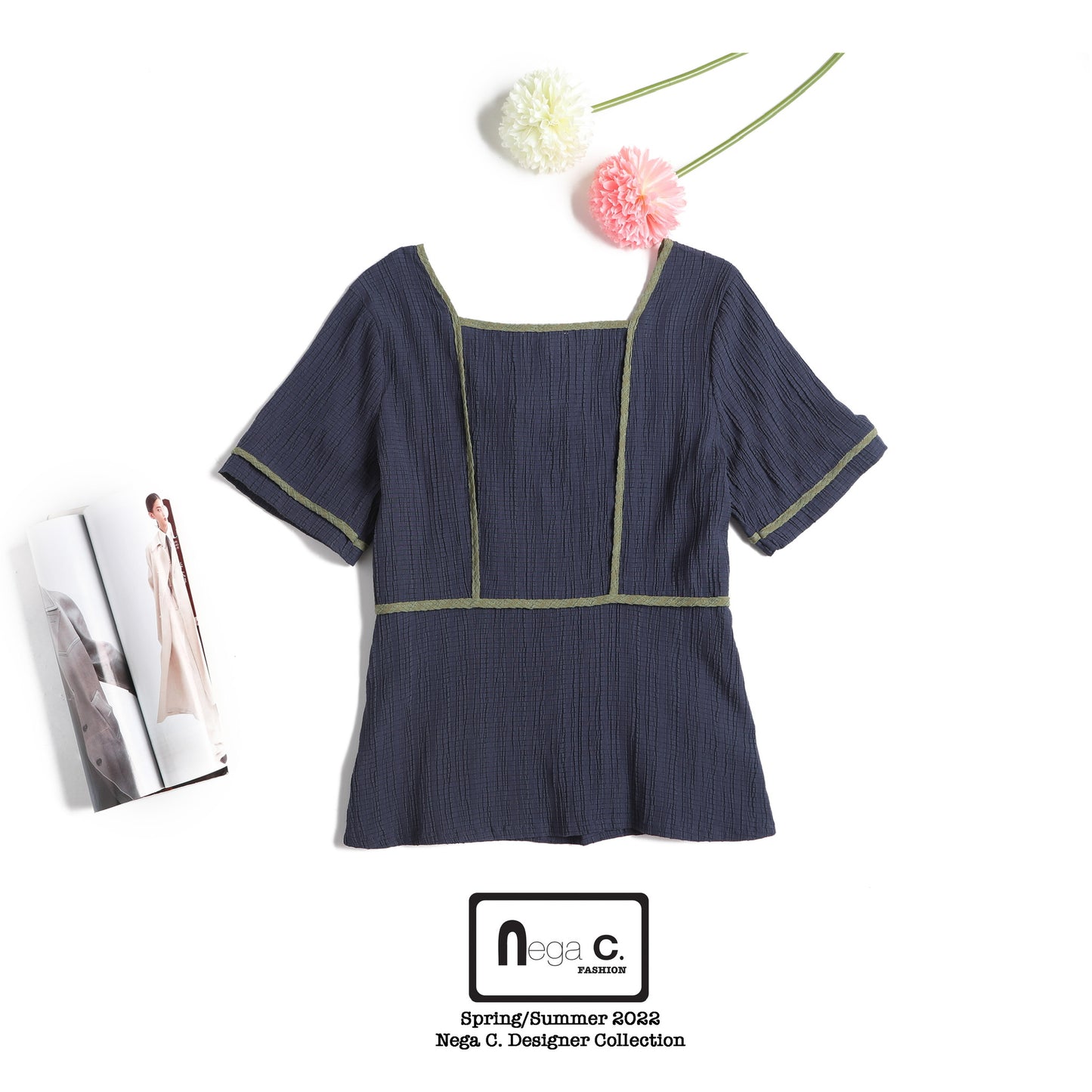 Nega C. 壓摺拼色滾邊方領上衣|深藍色|微彈|無裡襯