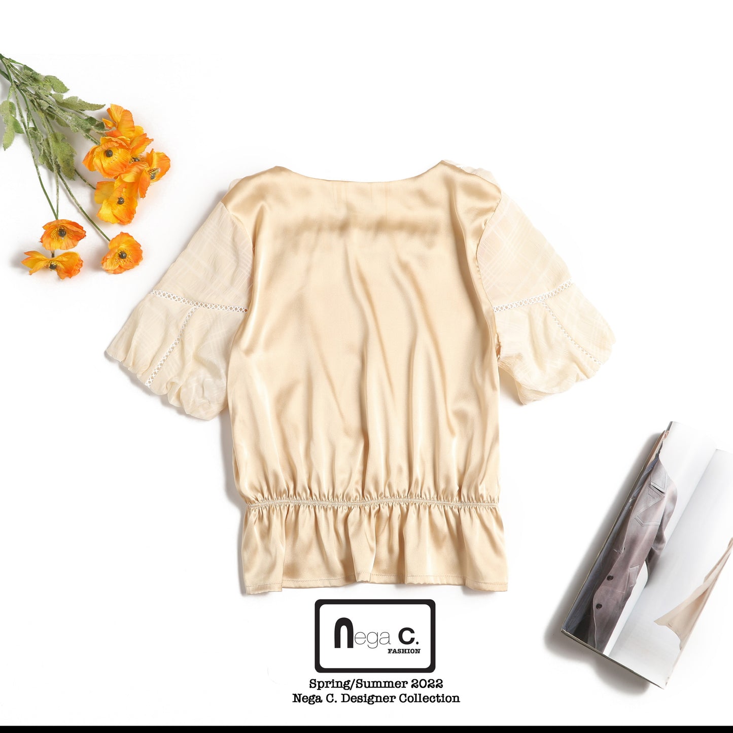 Nega C. เสื้อทูนิคคอเหลี่ยมเย็บปะติดปะต่อ | แอปริคอท | ครึ่งตัว | ไม่ยืด