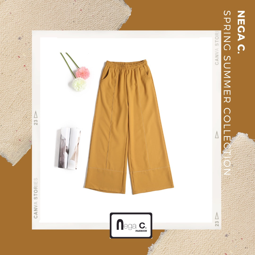 Nega C. 橡筋腰車線闊腿褲|羌黃色|橡筋腰|微彈|