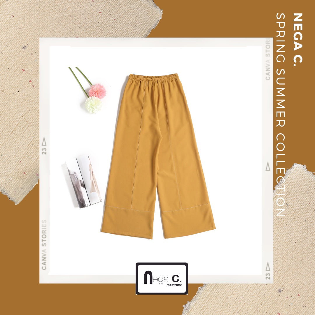Nega C. 橡筋腰車線闊腿褲|羌黃色|橡筋腰|微彈|