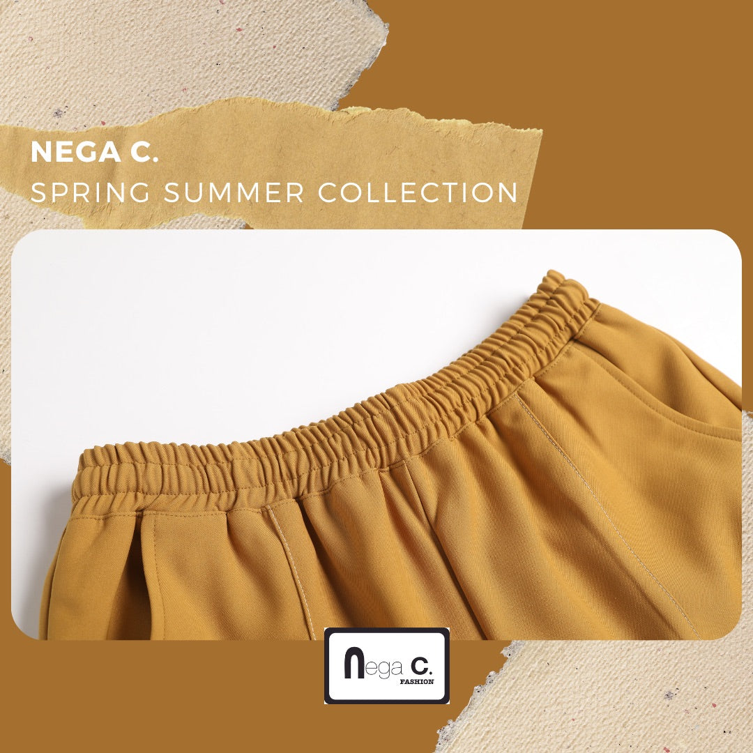 Nega C. 橡筋腰車線闊腿褲|羌黃色|橡筋腰|微彈|