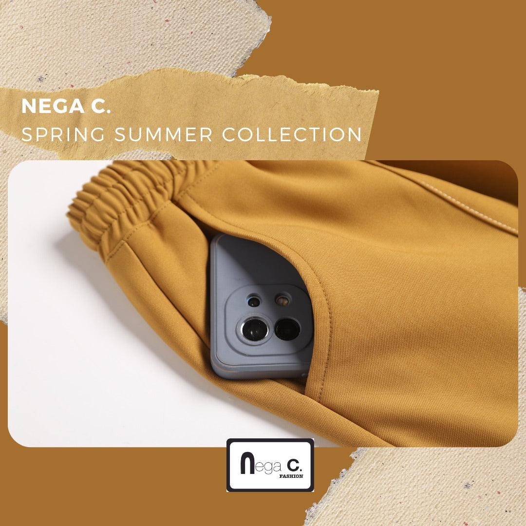 Nega C. 橡筋腰車線闊腿褲|羌黃色|橡筋腰|微彈|