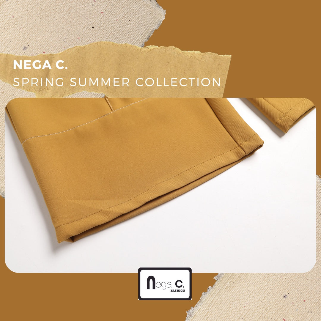 Nega C. 橡筋腰車線闊腿褲|羌黃色|橡筋腰|微彈|