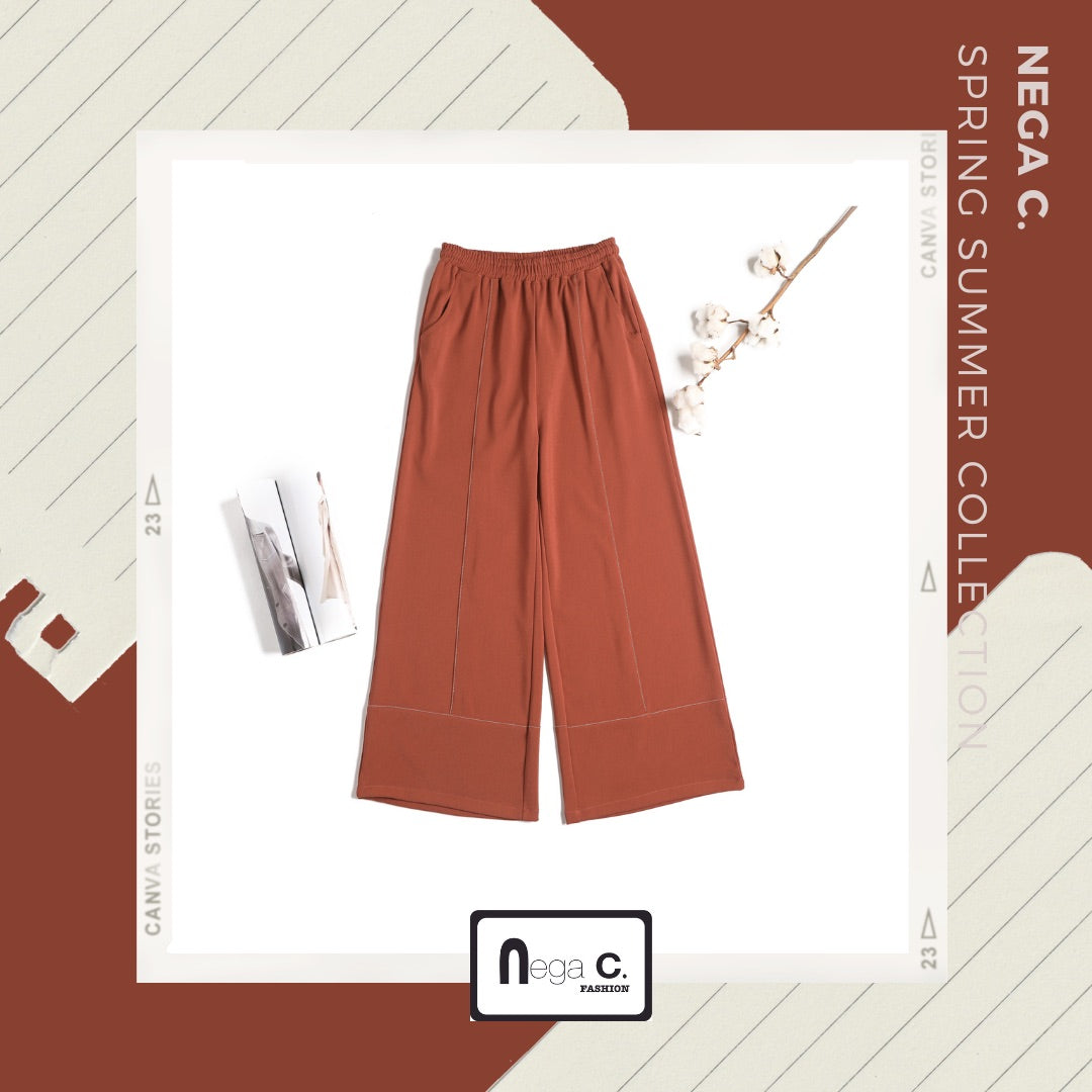 Nega C. กางเกงขากว้างเอวยางยืด | สีเบอร์กันดี | เอวยางยืด | ยืดหยุ่นเล็กน้อย |