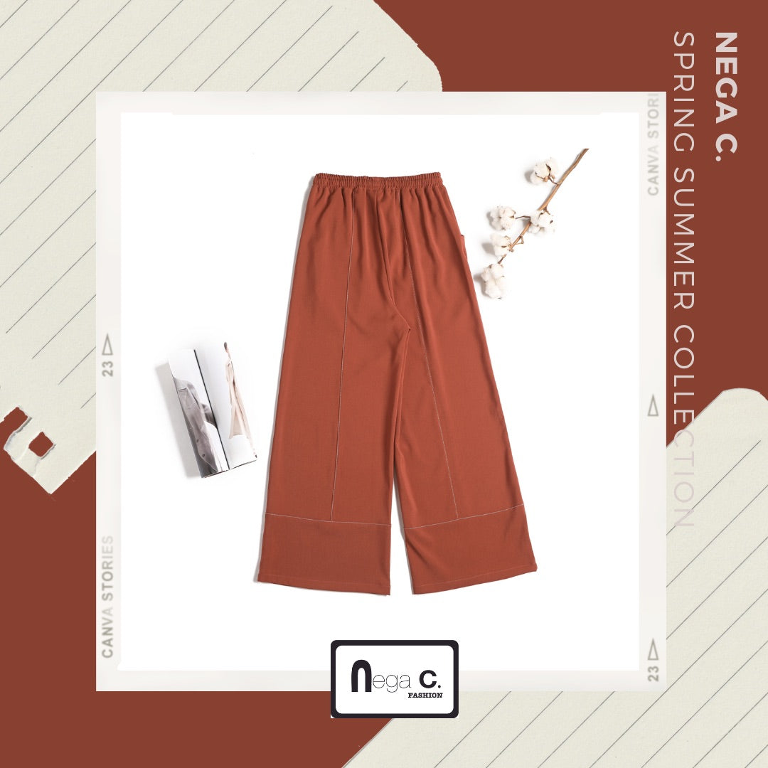 Nega C. กางเกงขากว้างเอวยางยืด | สีเบอร์กันดี | เอวยางยืด | ยืดหยุ่นเล็กน้อย |