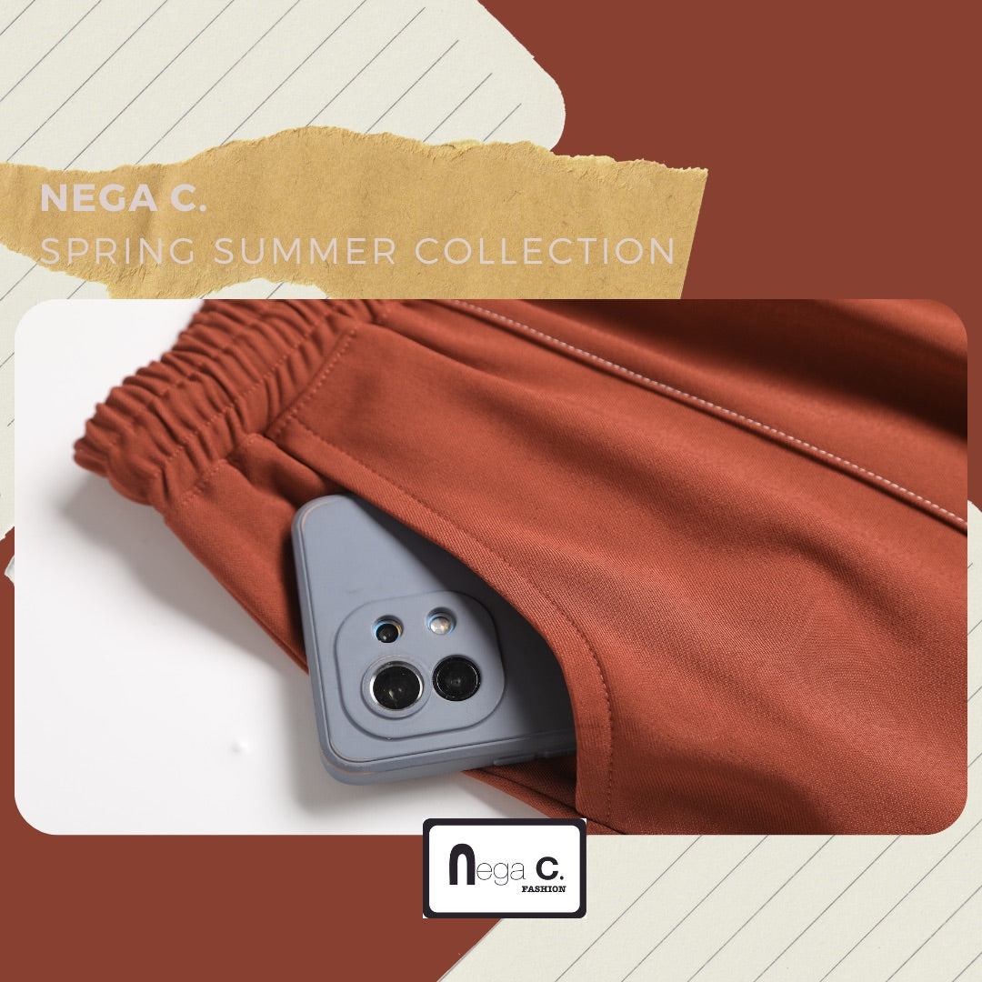Nega C. กางเกงขากว้างเอวยางยืด | สีเบอร์กันดี | เอวยางยืด | ยืดหยุ่นเล็กน้อย |