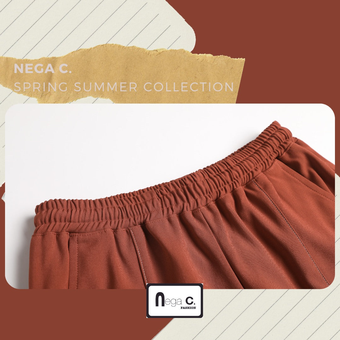 Nega C. กางเกงขากว้างเอวยางยืด | สีเบอร์กันดี | เอวยางยืด | ยืดหยุ่นเล็กน้อย |