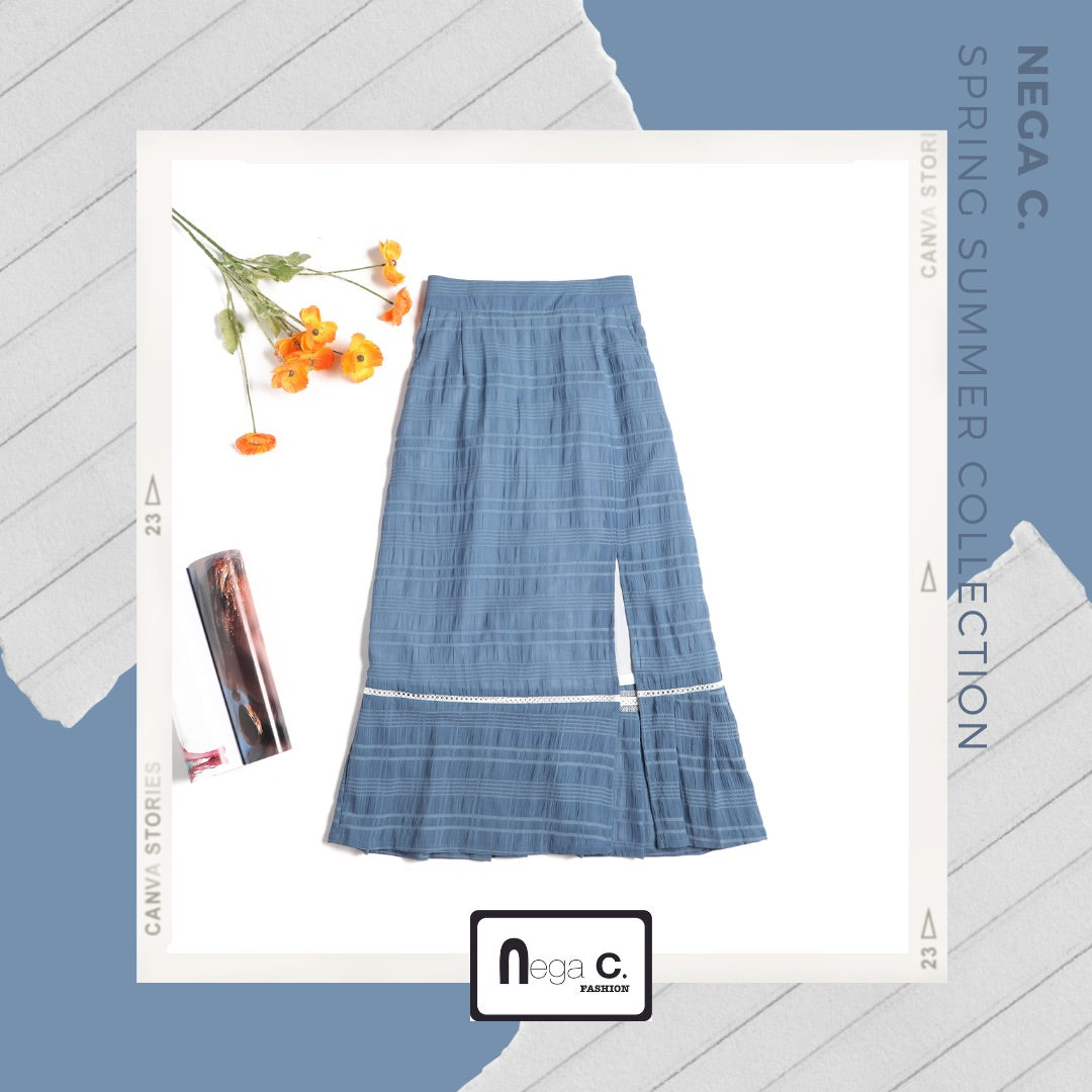 Nega C. กระโปรงยาวลายสก๊อตทรงเอมีผ่า | สีน้ำเงิน | มีซับใน | ผ่า