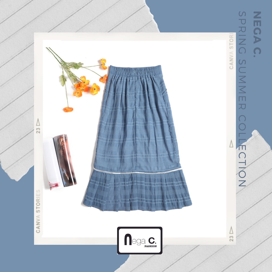 Nega C. กระโปรงยาวลายสก๊อตทรงเอมีผ่า | สีน้ำเงิน | มีซับใน | ผ่า