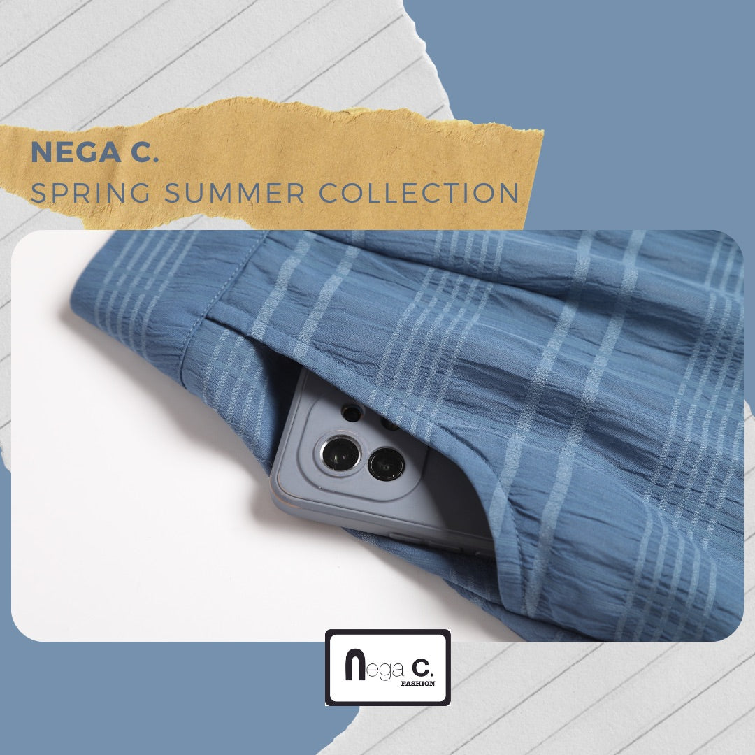 Nega C. กระโปรงยาวลายสก๊อตทรงเอมีผ่า | สีน้ำเงิน | มีซับใน | ผ่า