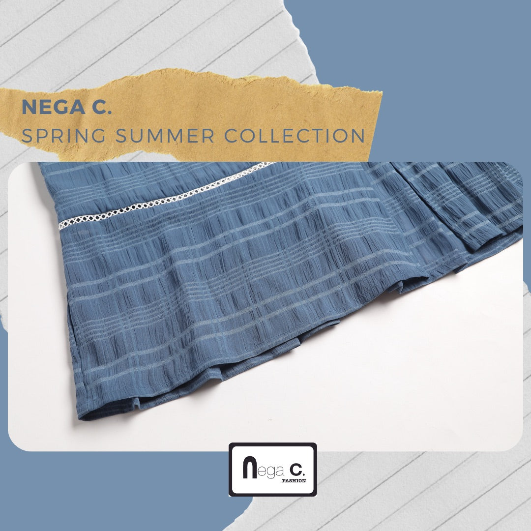 Nega C. กระโปรงยาวลายสก๊อตทรงเอมีผ่า | สีน้ำเงิน | มีซับใน | ผ่า
