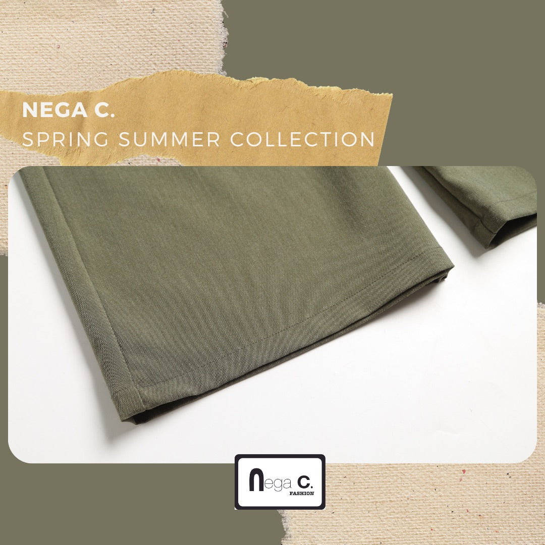 Nega C. กางเกงถุงกระดาษขากว้างเอวสูง | สีเขียว | ยางยืดไมโคร