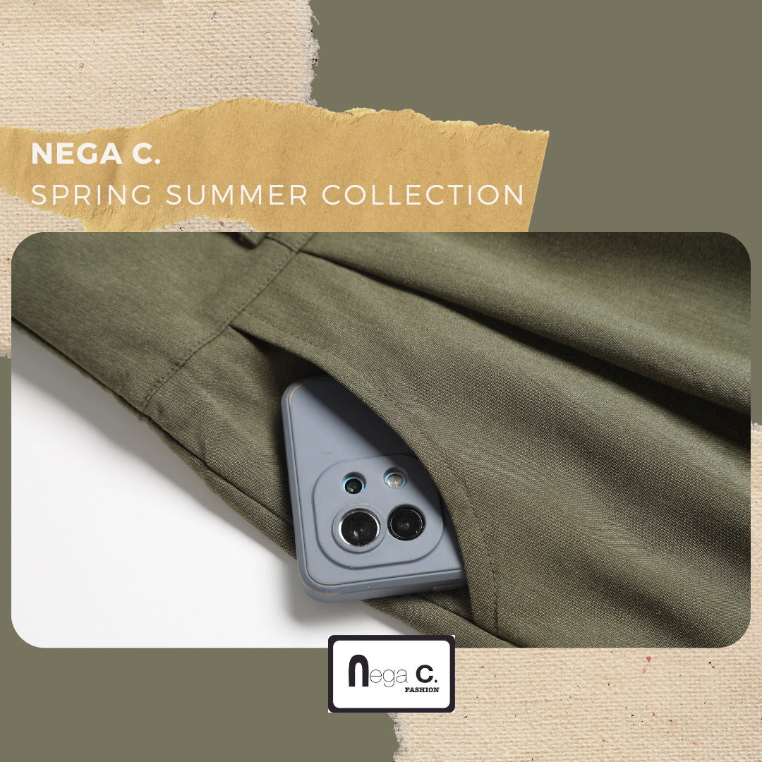 Nega C. กางเกงถุงกระดาษขากว้างเอวสูง | สีเขียว | ยางยืดไมโคร